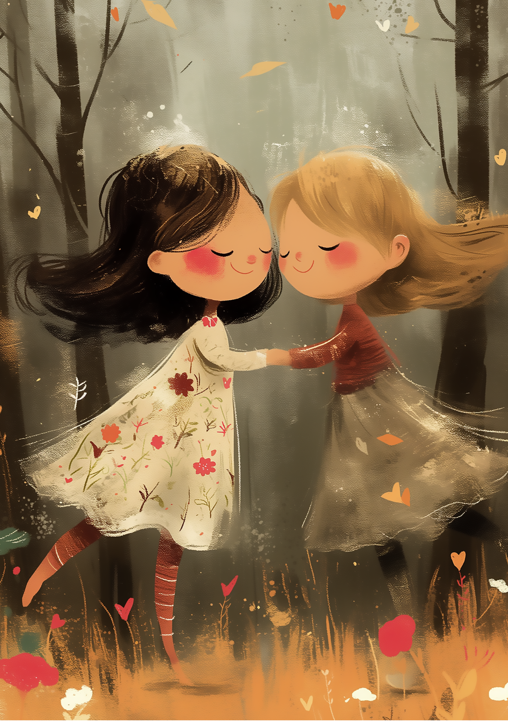 Vinyl Decal, Tender Moment Between Two Young Friends in a Whimsical Autumn Forest Setting (5" x 7")