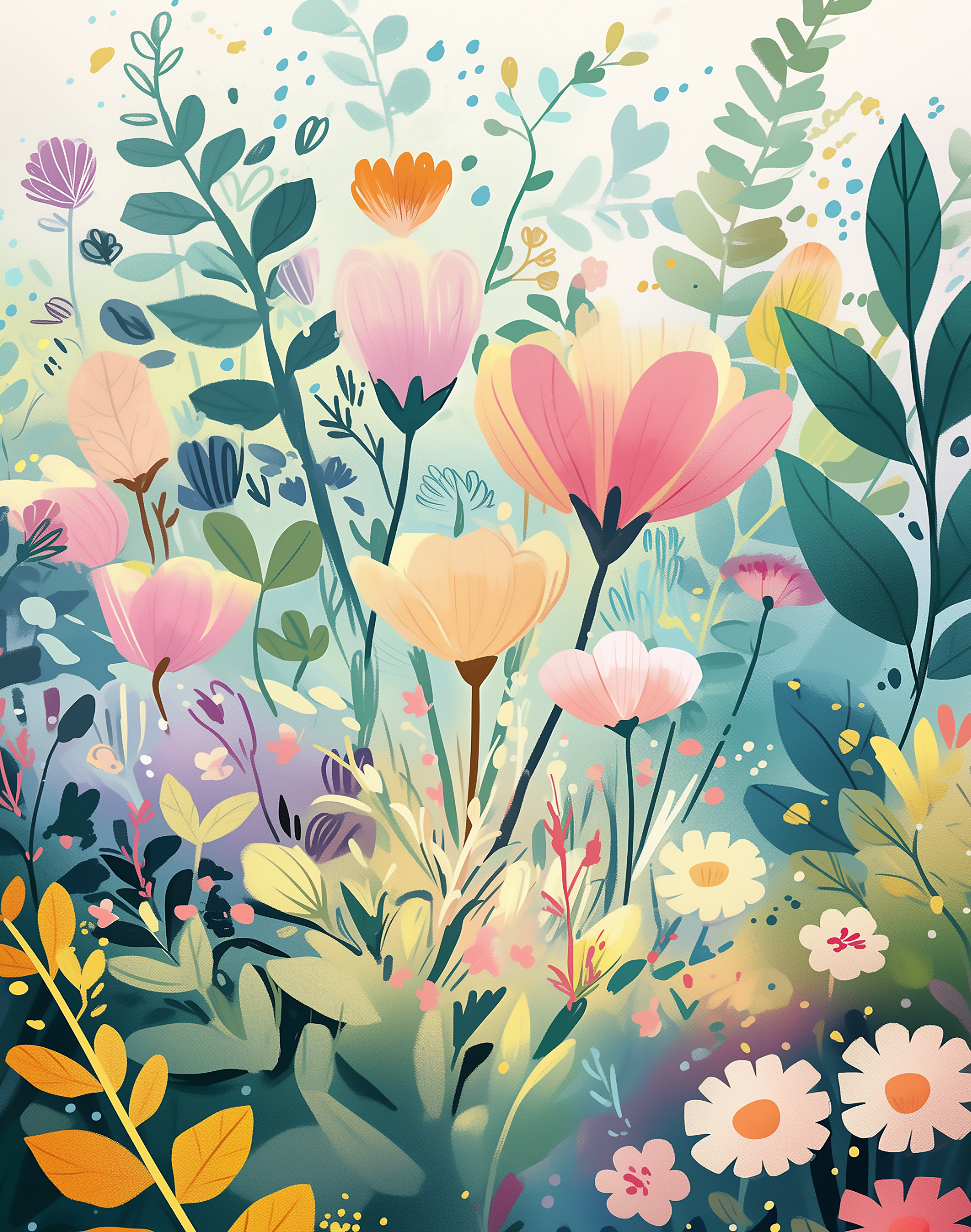 Vinyl Decal, Beautiful Illustration Featuring Various Blooming Flowers and Green Foliage (5" x 7")