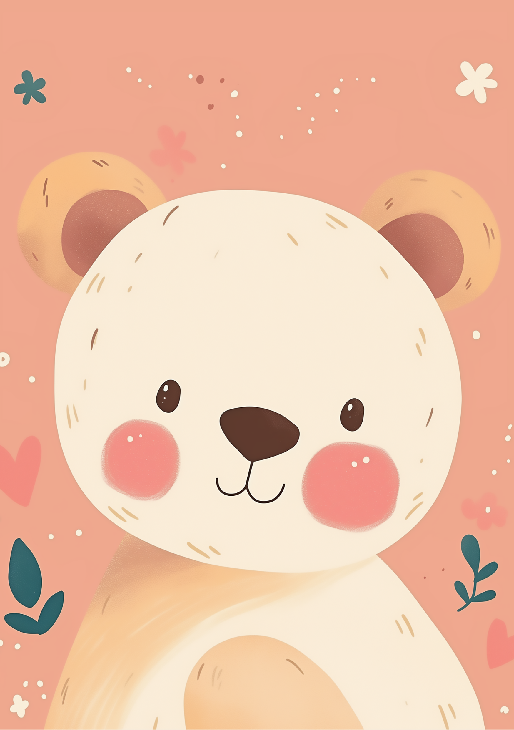 Vinyl Decal, Gentle Illustration of a Sweet Faced Bear with Rosy Cheeks, Soft Colors, and Delicate F