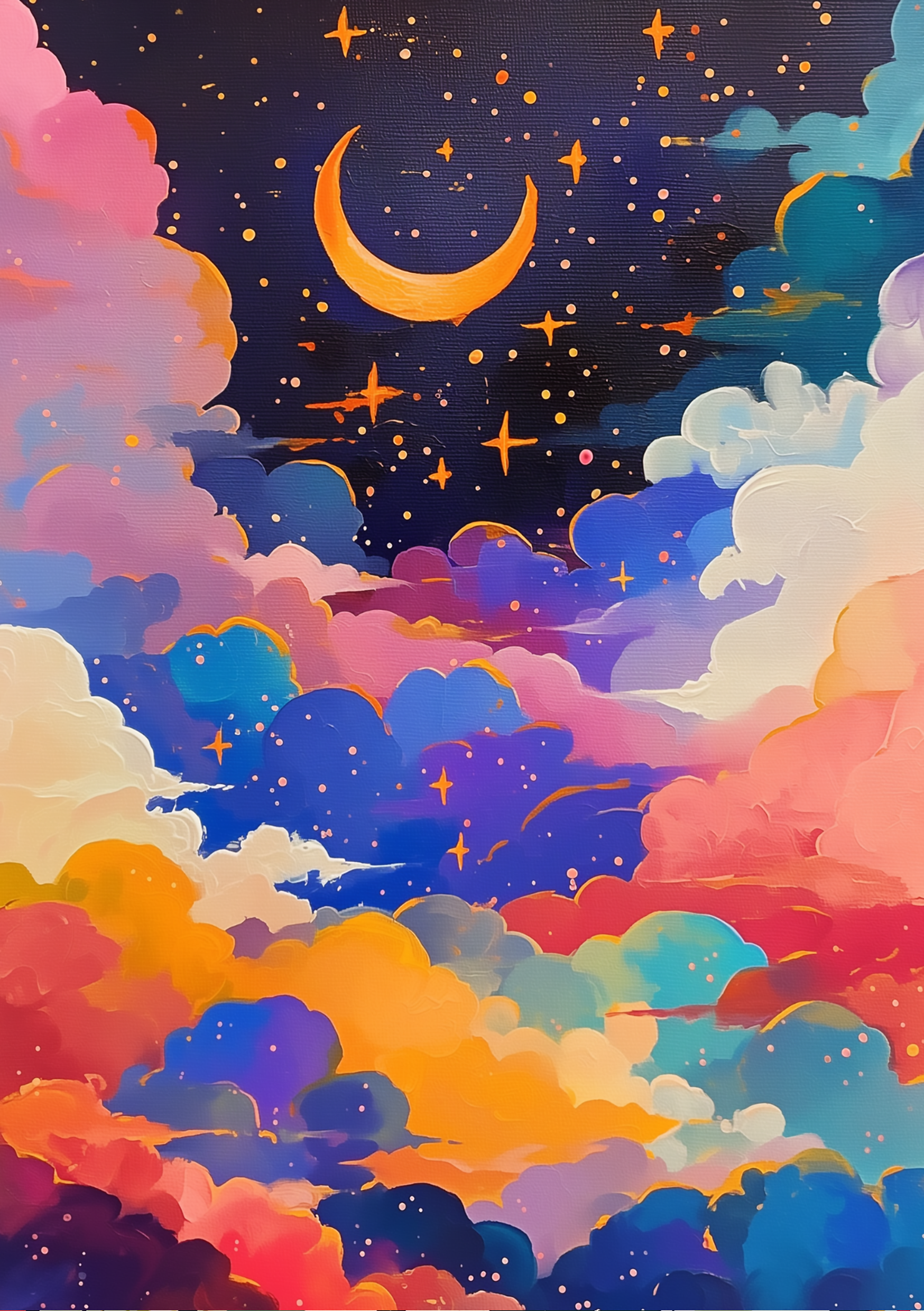 Vinyl Decal, Vibrant Celestial Dreamscape Artwork Print - Colorful Night Sky with Crescent Moon and