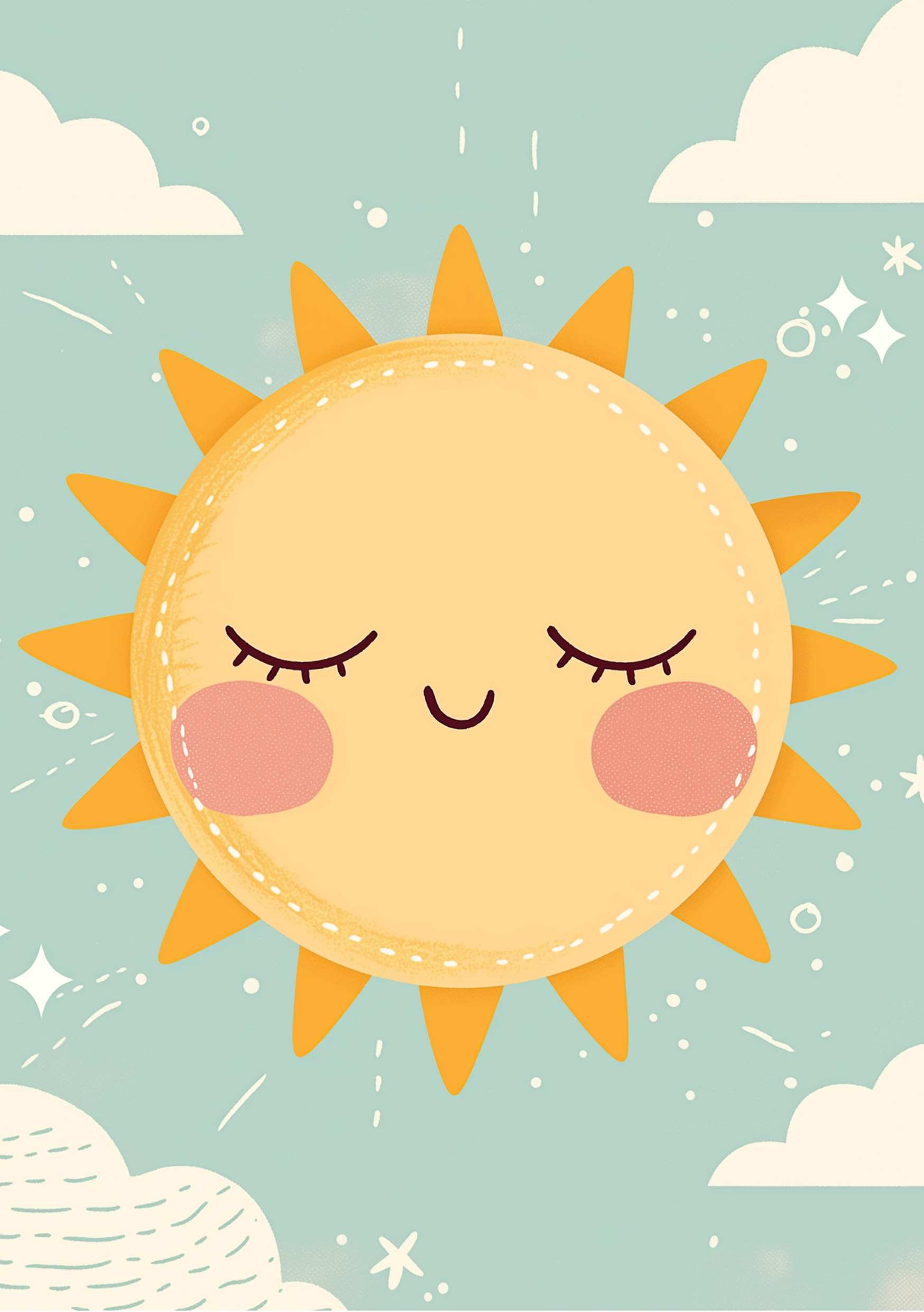 Vinyl Decal, Gentle Illustration Featuring a Sleeping Sun Character Surrounded by Soft Clouds and Tw