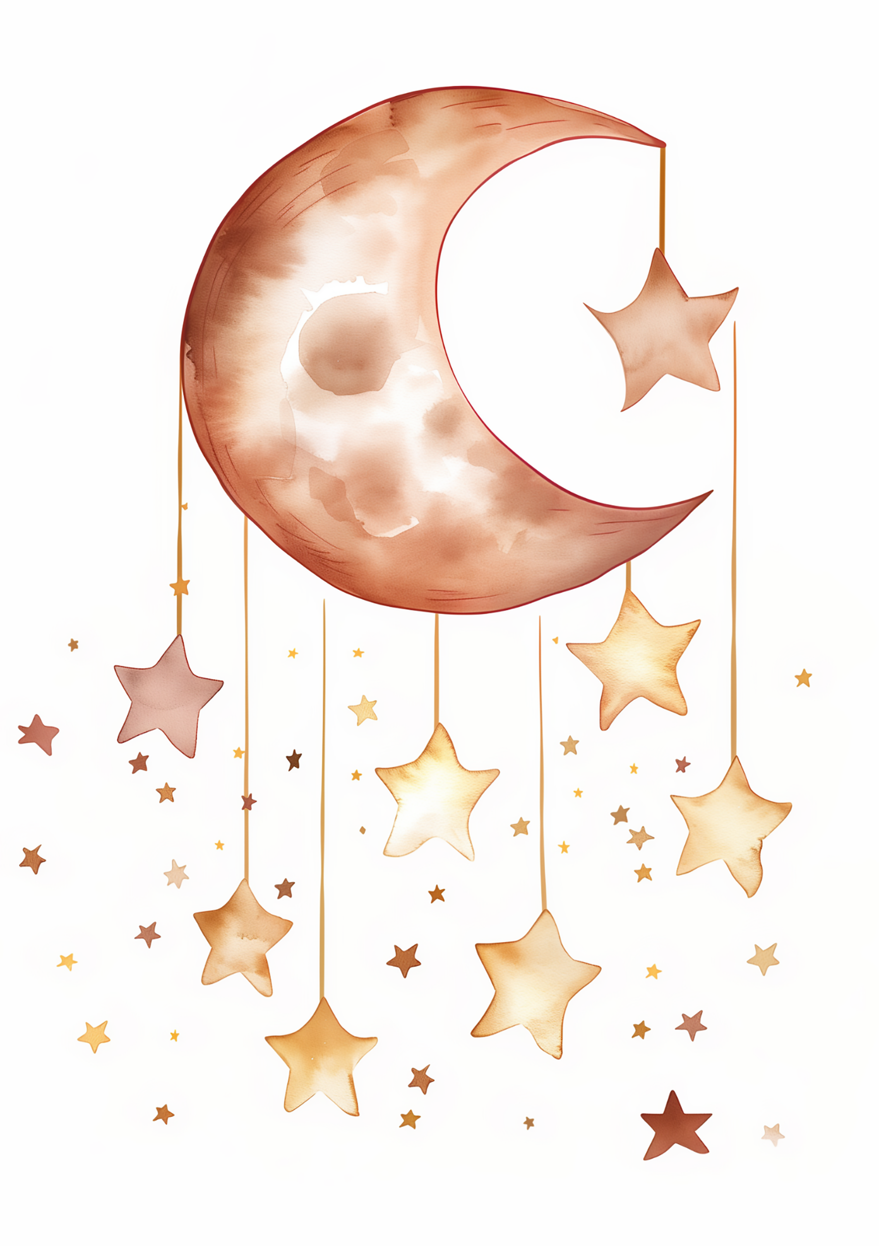Vinyl Decal, Piece of Art Showing a Crescent Shape and Several Suspended Star Shapes in a Warm Reddi