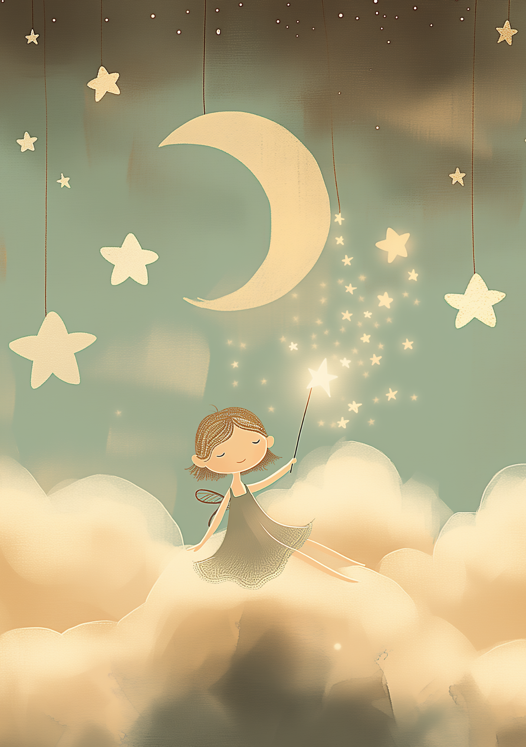 Vinyl Decal, Whimsical Illustration of a Small Figure Resting on Soft Clouds Under a Gentle Crescent