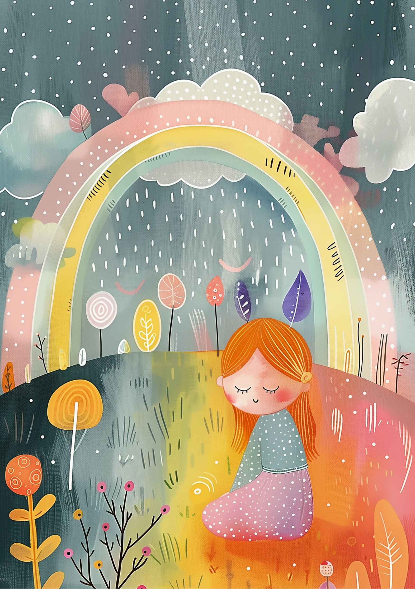 Vinyl Decal, Whimsical Rainbow Garden Girl Art Print for Cheerful Room Decor and Imagination (5" x 7