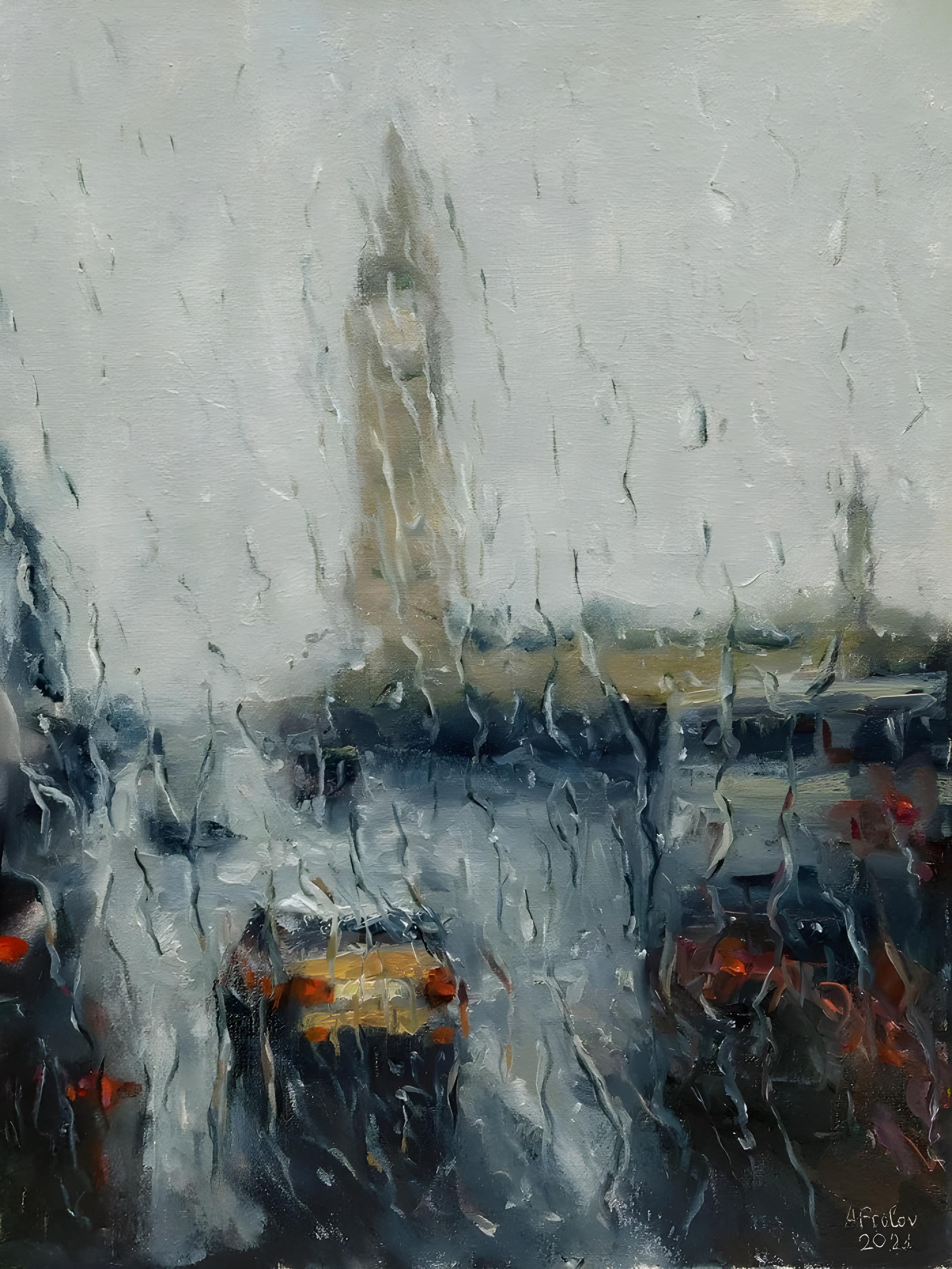 Vinyl Decal, Atmospheric Cityscape Artwork, Impressionistic View Through Rain-Streaked Window, Evoca