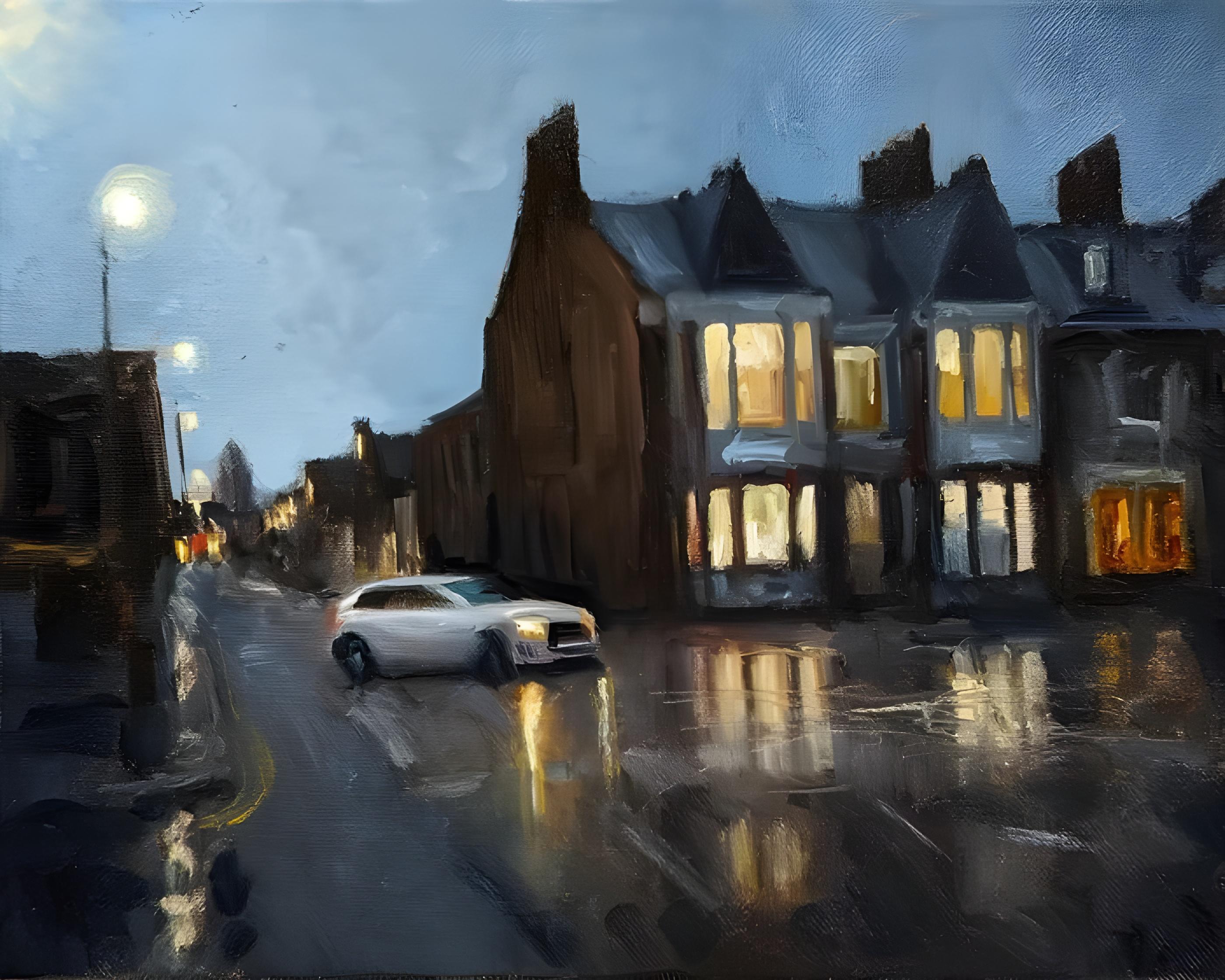 Vinyl Decal, Original Hand-Painted Oil on Canvas Artwork Depicting a Quiet Evening Street Scene with