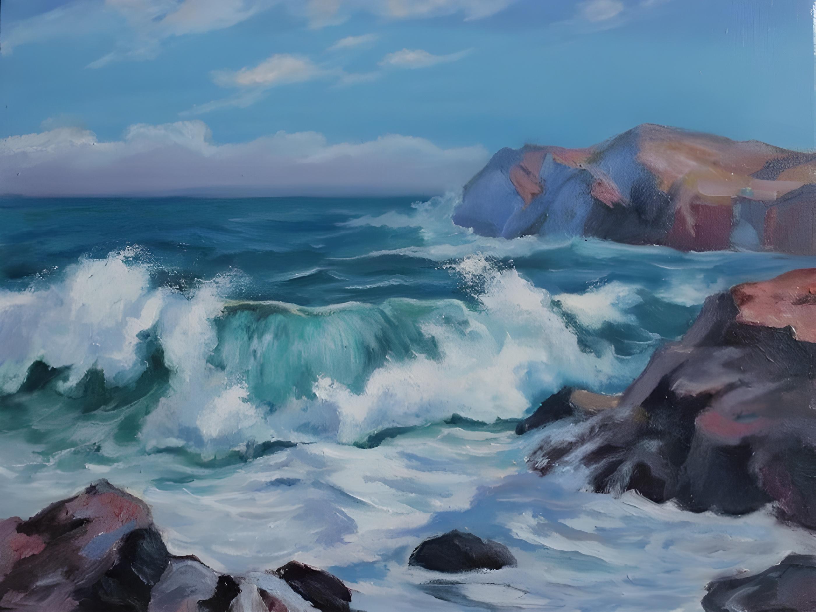 Vinyl Decal, Ocean Waves Crashing Against Rocky Shoreline Seascape Oil Painting on Canvas, Vibrant B