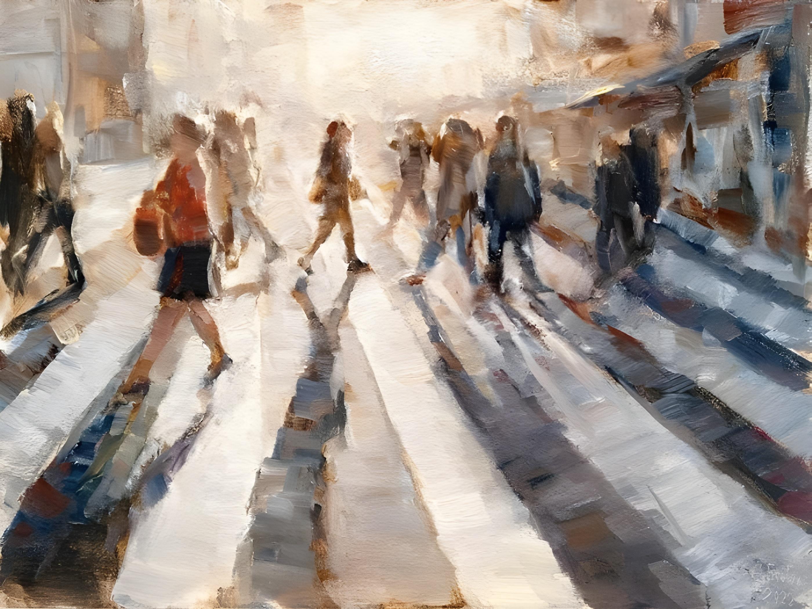 Vinyl Decal, Vibrant Impressionistic Painting Capturing the Dynamic Energy and Light of a Bustling U