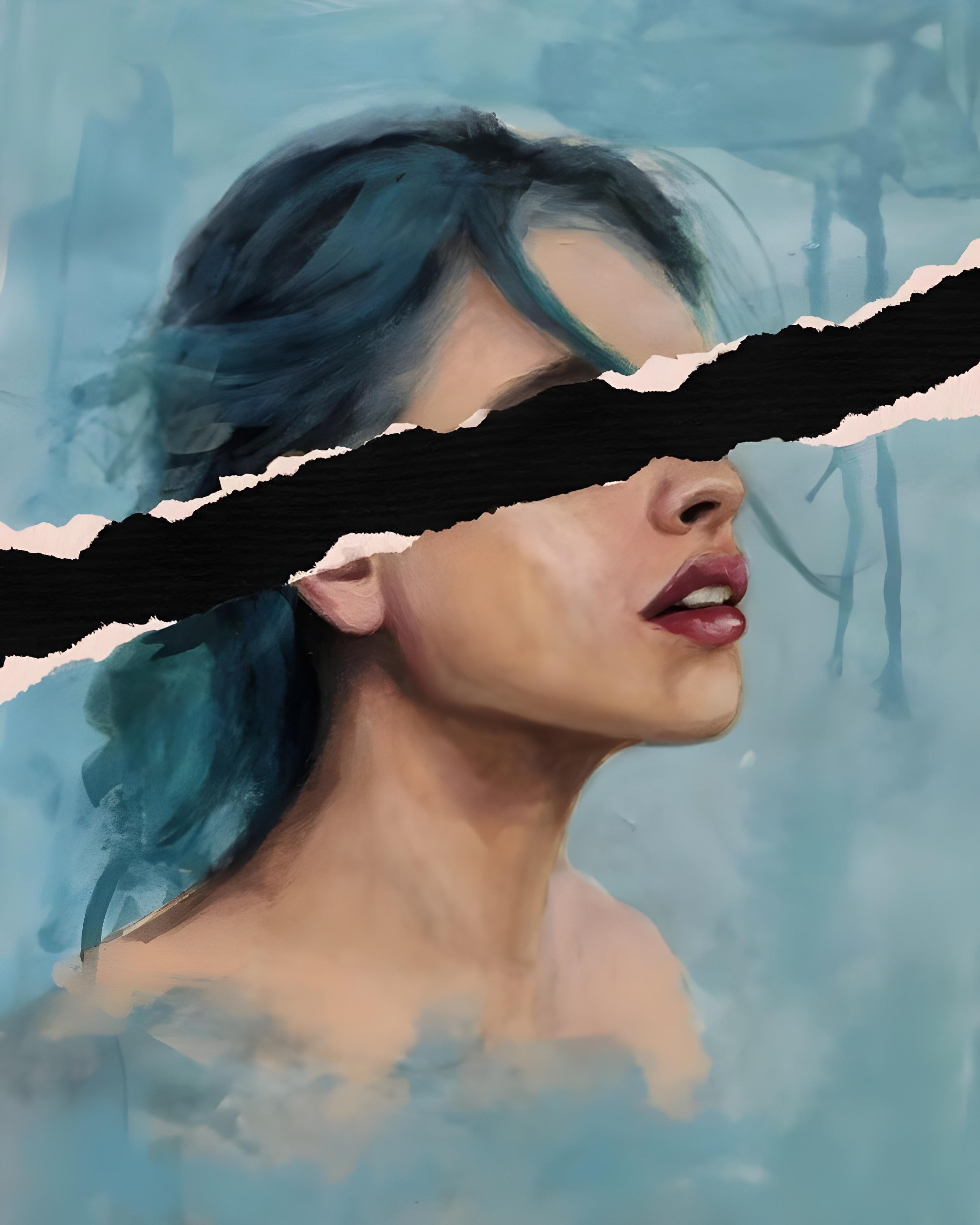 Vinyl Decal, Contemporary Profile Artwork with Vibrant Blue Hair and Unique Torn Paper Effect, Strik