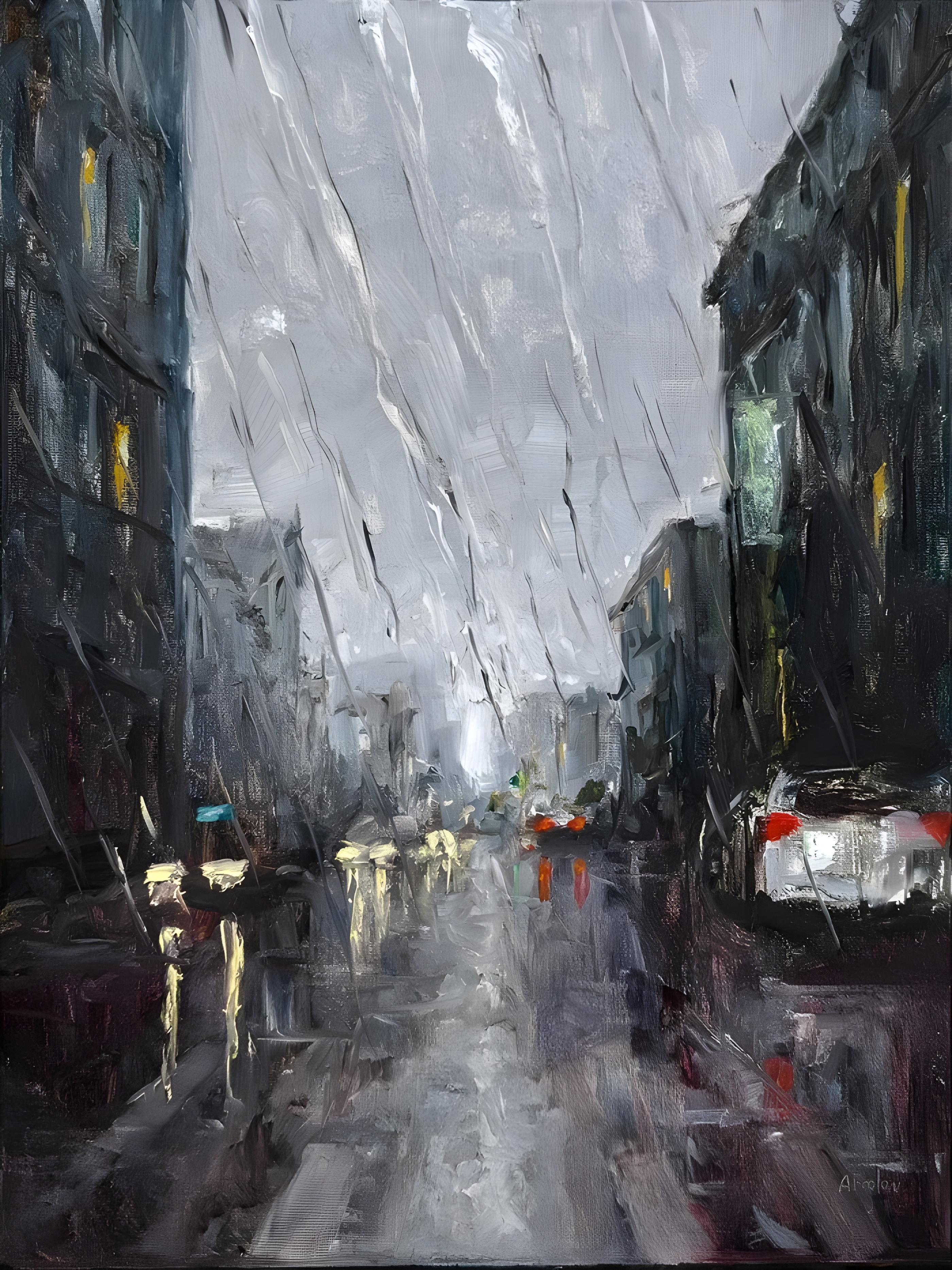 Vinyl Decal, Atmospheric Urban Scene Painting on Canvas, Moody Cityscape Artwork for Home Decor (5"
