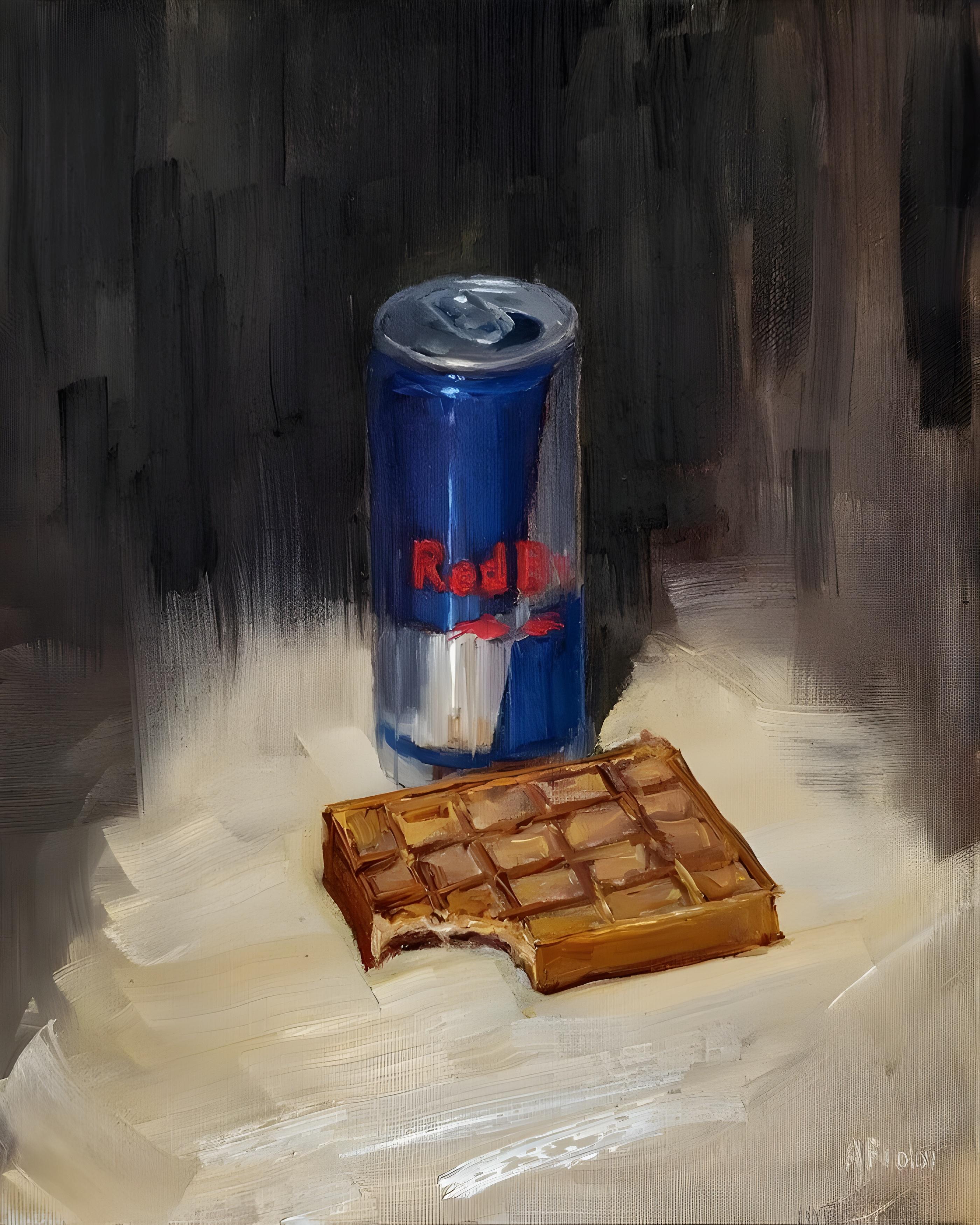 Vinyl Decal, Still Life Painting of a Single Beverage Container and a Partially Eaten Baked Confecti