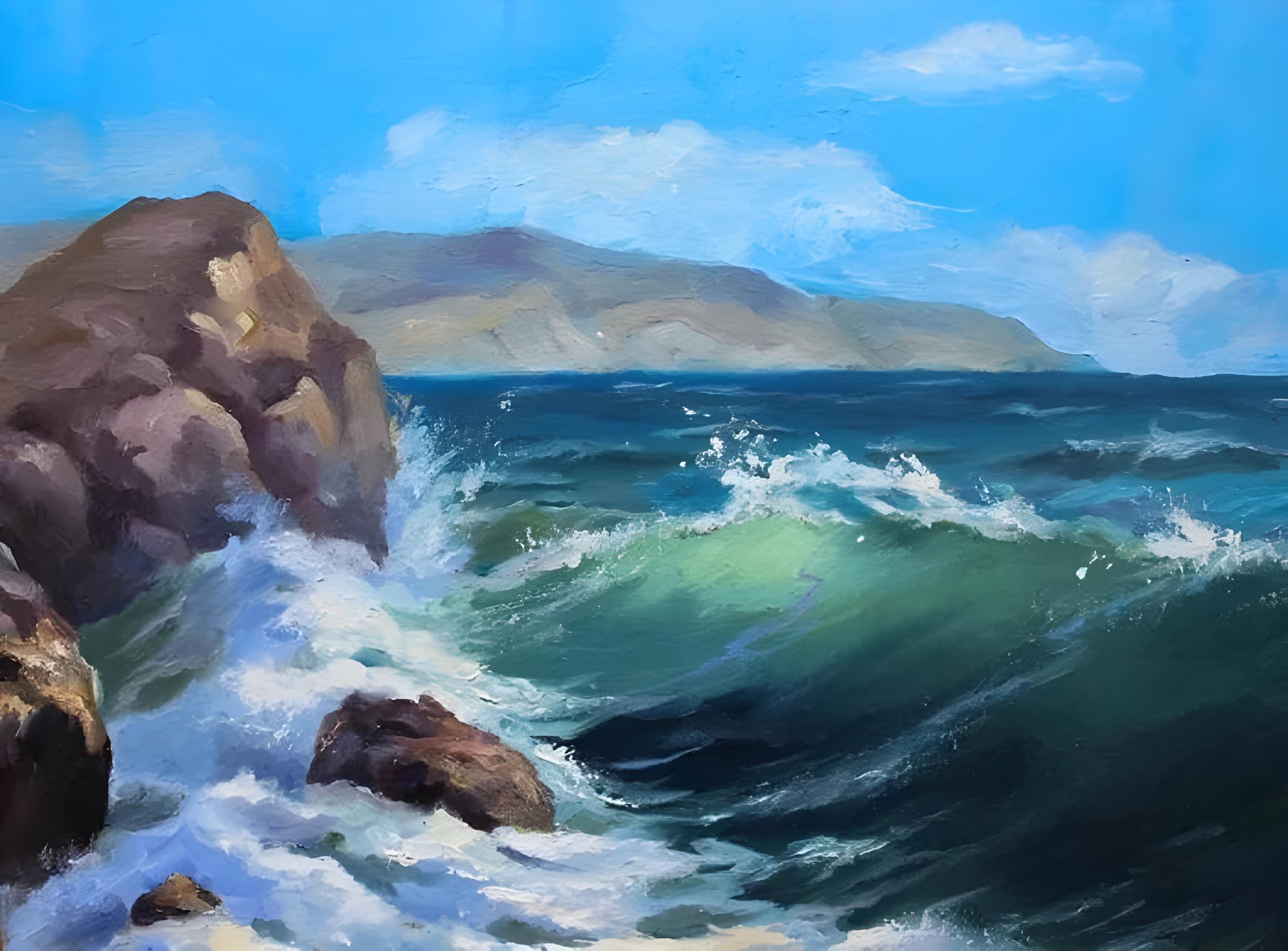 Vinyl Decal, Ocean Waves Crashing Against Rocks Seascape Artwork Print for Wall Decor, Vibrant Blue