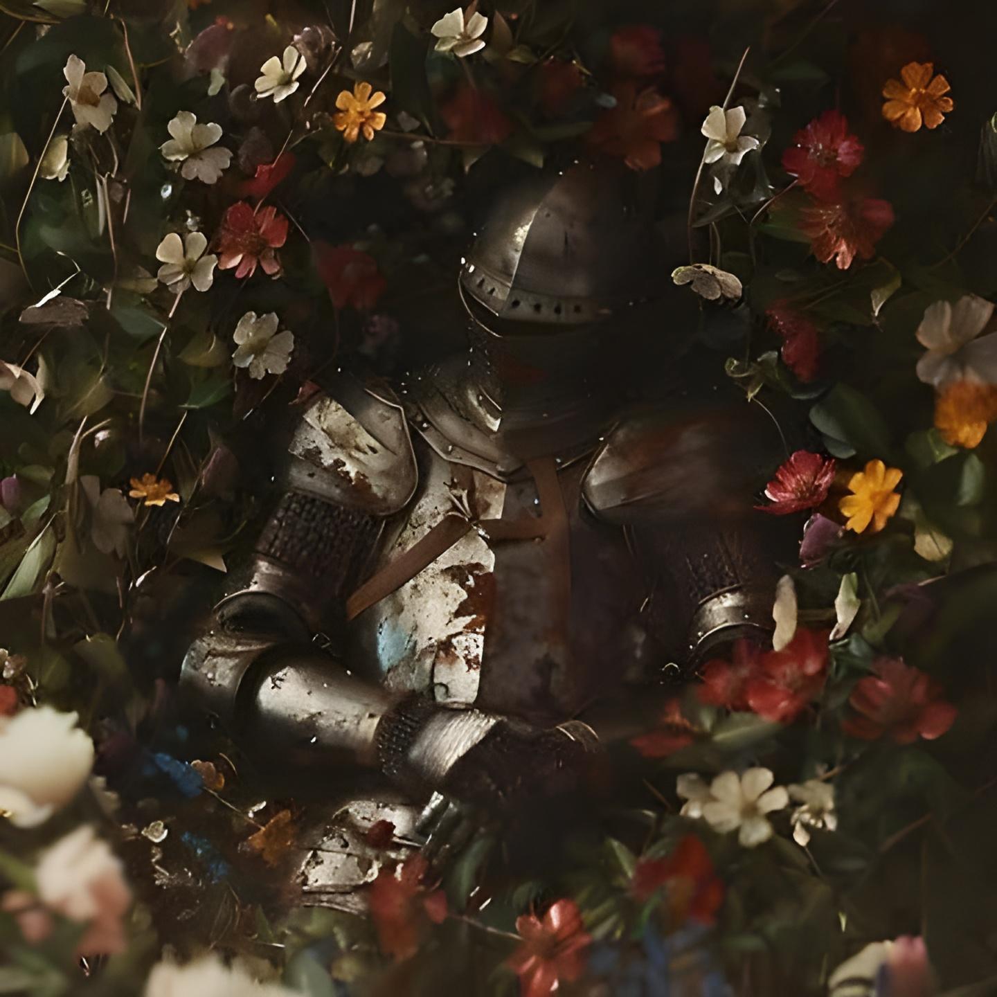 Vinyl Decal, Aesthetic Wall Decor Featuring a Resting Warrior Surrounded by Vibrant Blooms and Natur