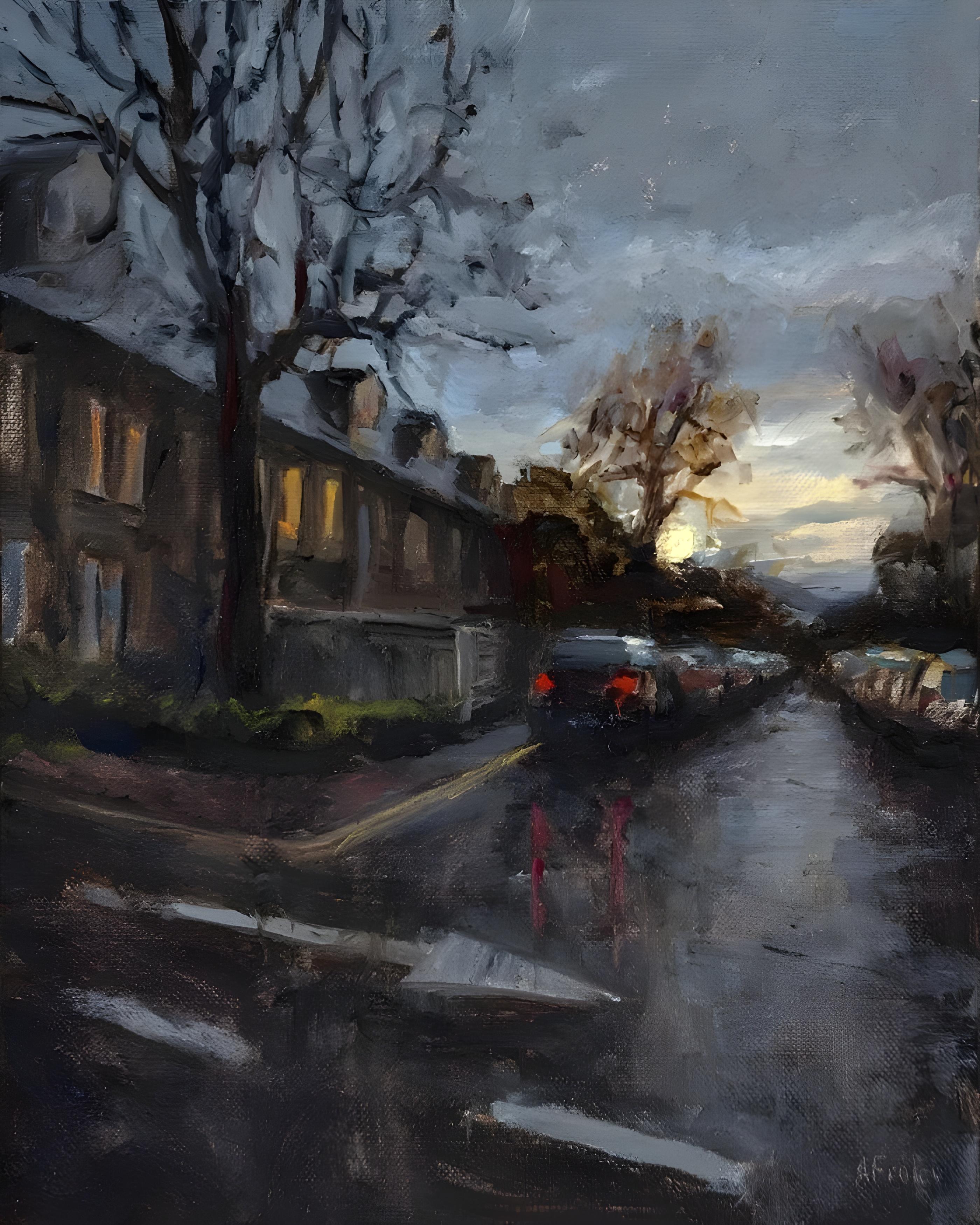 Vinyl Decal, Aesthetic Evening Street Scene Art Print, Atmospheric Dusk Roadside Artwork (5" x 7")
