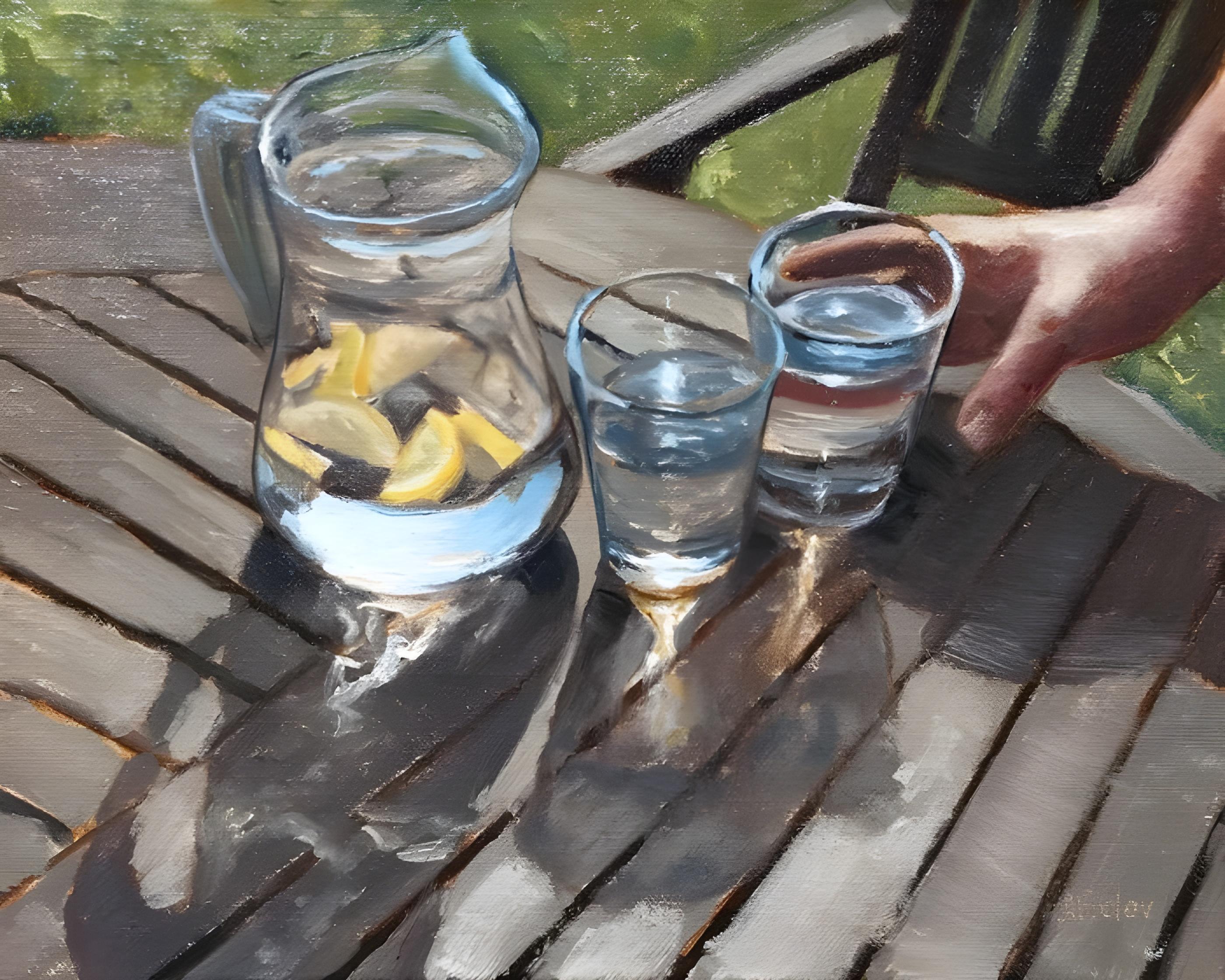 Vinyl Decal, Refreshing Chilled Beverage Serving Set with Clear Pitcher and Two Glasses on Wooden Ta