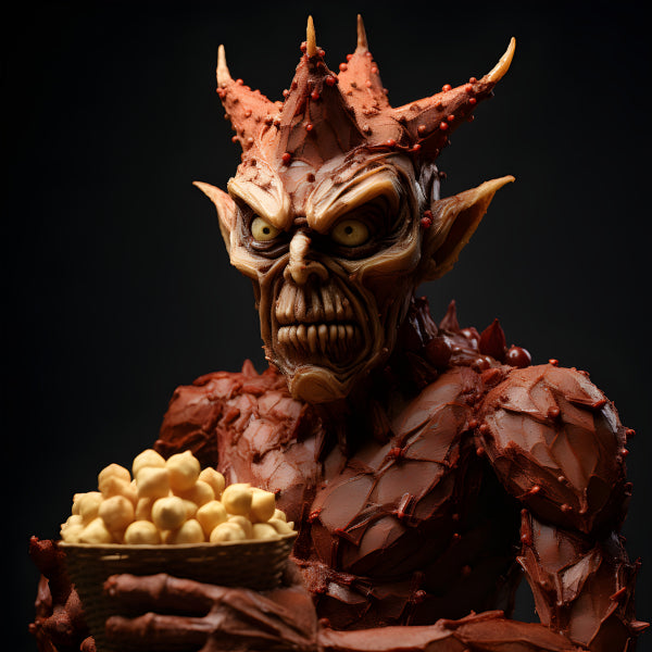 Vinyl Decal, Intense Devil Figure Sculpture Holding Bowl of Snacks (5" x 7")