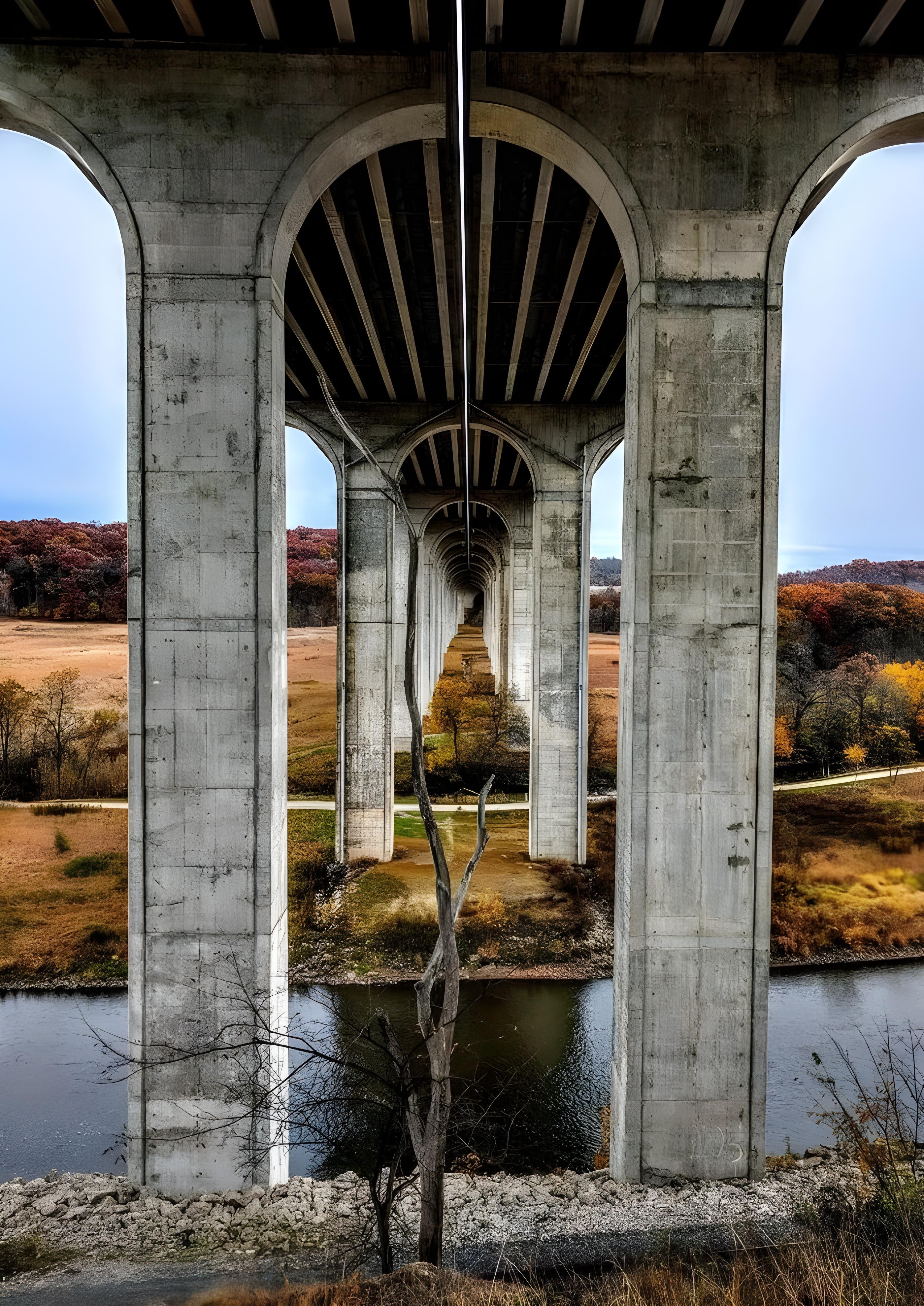 Vinyl Decal, Stunning View Beneath a Grand Concrete Structure Spanning a Serene River (5" x 7")