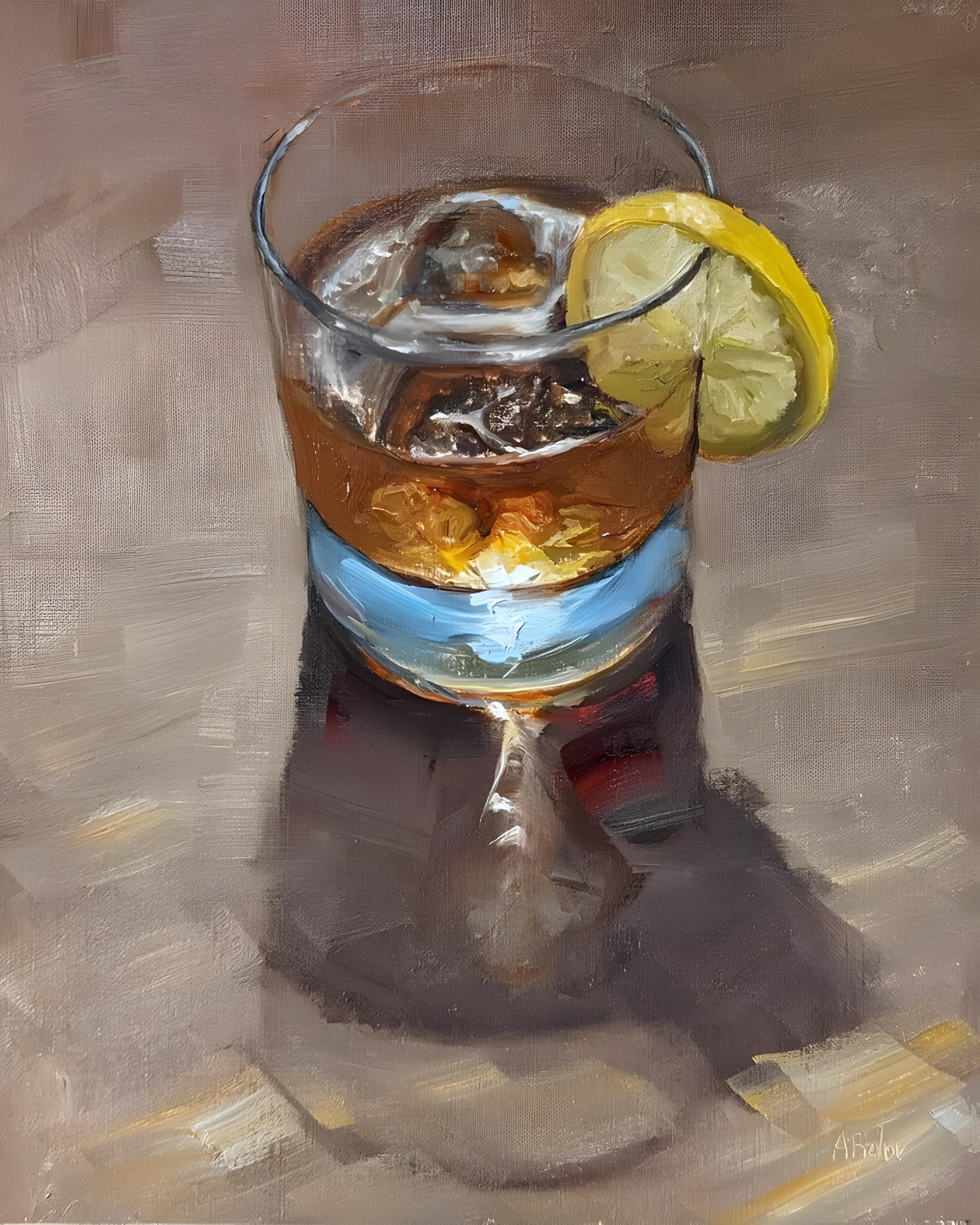 Vinyl Decal, Hand-Painted Oil Artwork Depicting a Refreshing Beverage in a Glass with Ice and Citrus