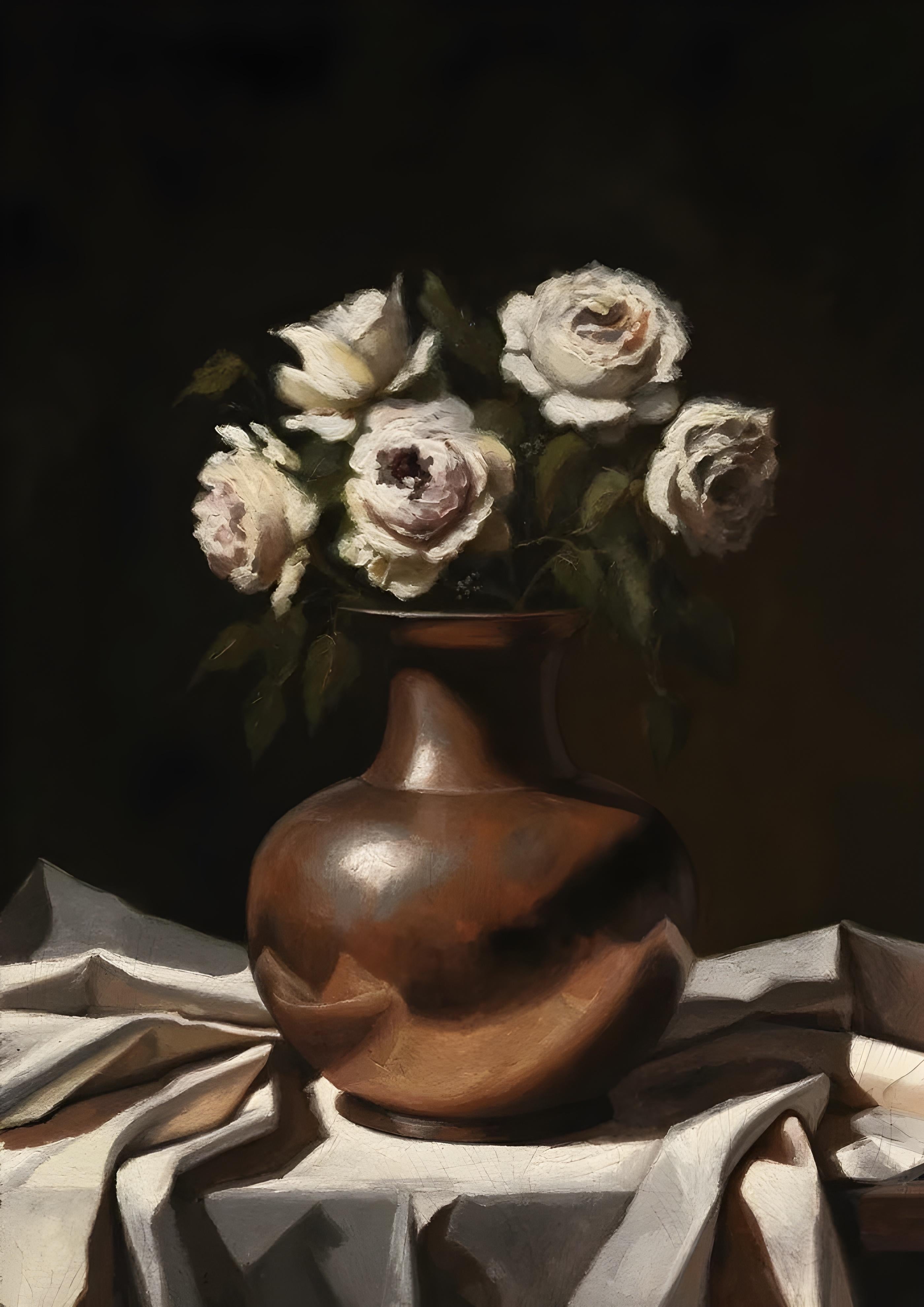 Vinyl Decal, Elegant Floral Arrangement Artwork, Beautiful White Blooms in a Warm Toned Vessel, Clas