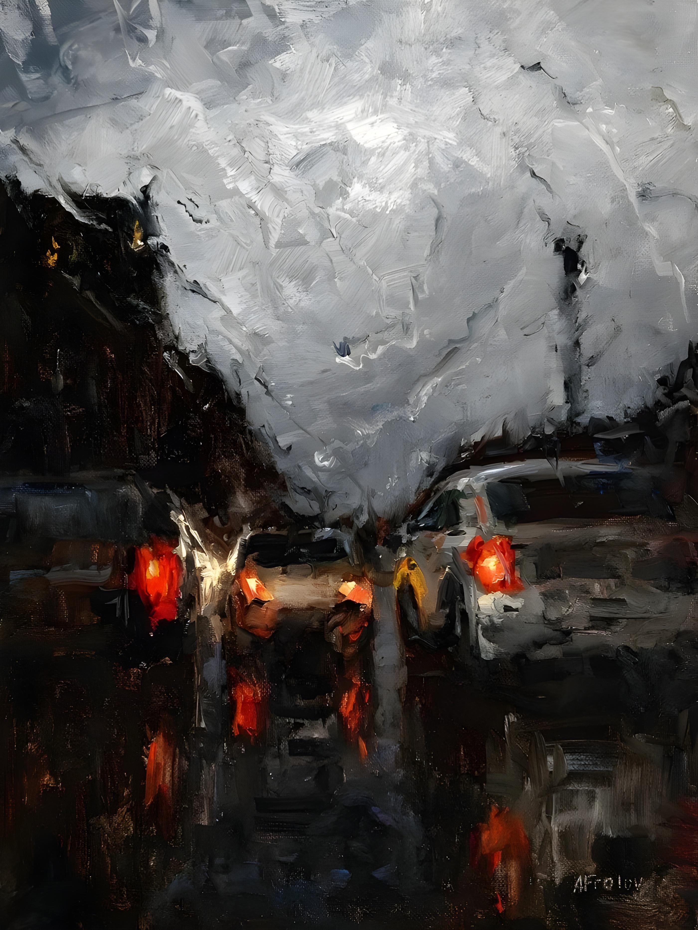 Vinyl Decal, Atmospheric Urban Scene Painting on Canvas | Evocative Rainy Cityscape Artwork for Home