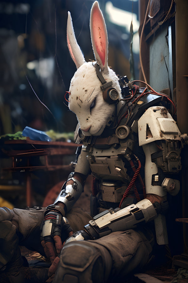 Vinyl Decal Sci-Fi Cyborg Rabbit Action Figure Collectible Statue Futuristic Robot Bunny White & Sil