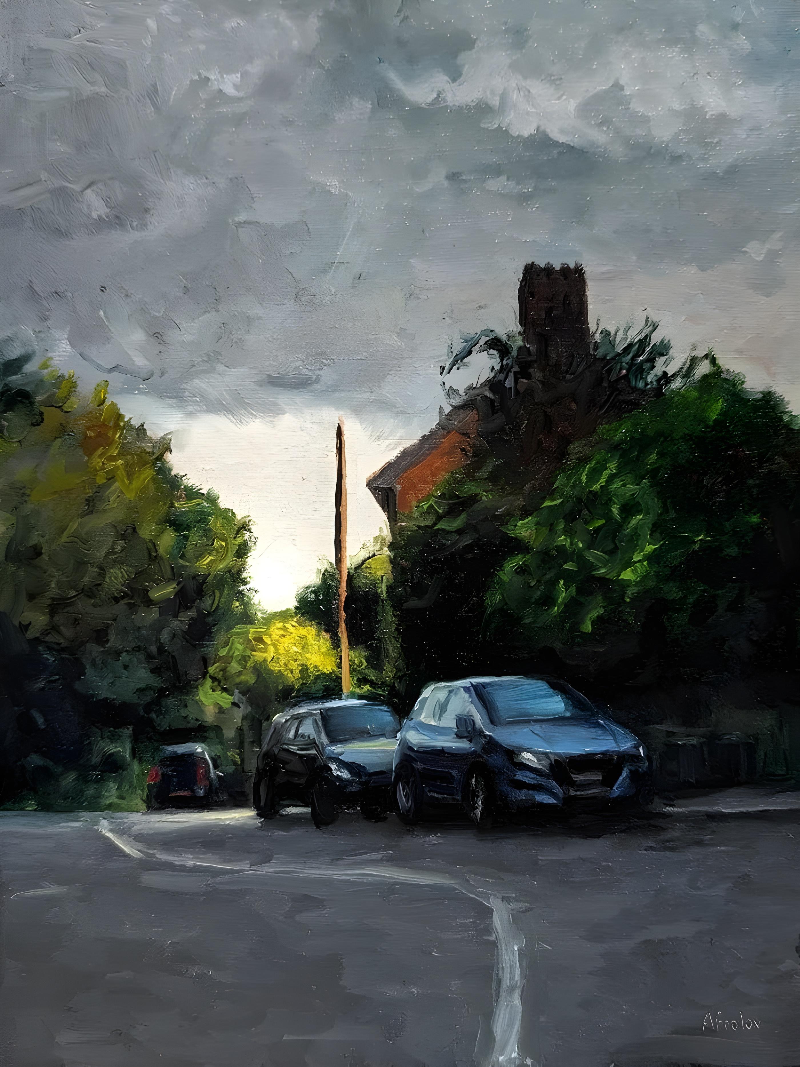 Vinyl Decal, Original Hand-Painted Oil Artwork Depicting a Quiet Evening Street Scene (5" x 7")