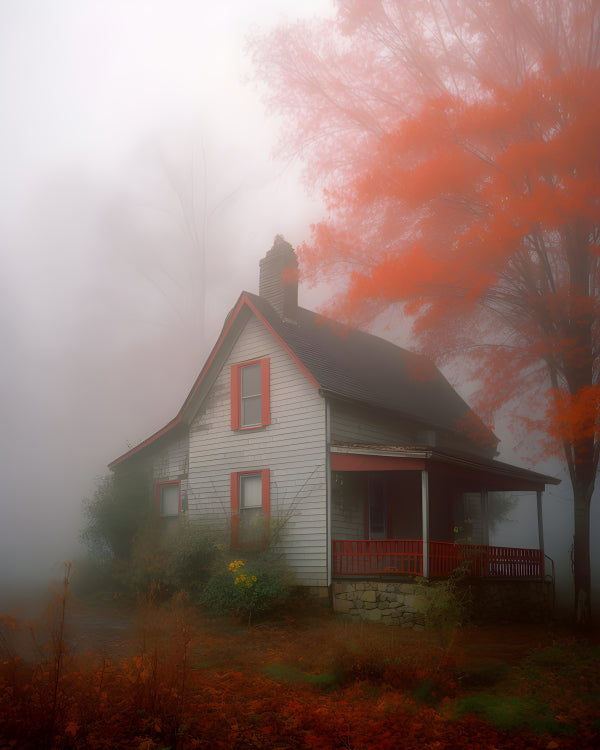 Vinyl Decal, Autumn Foggy Farmhouse Art Print (5" x 7")
