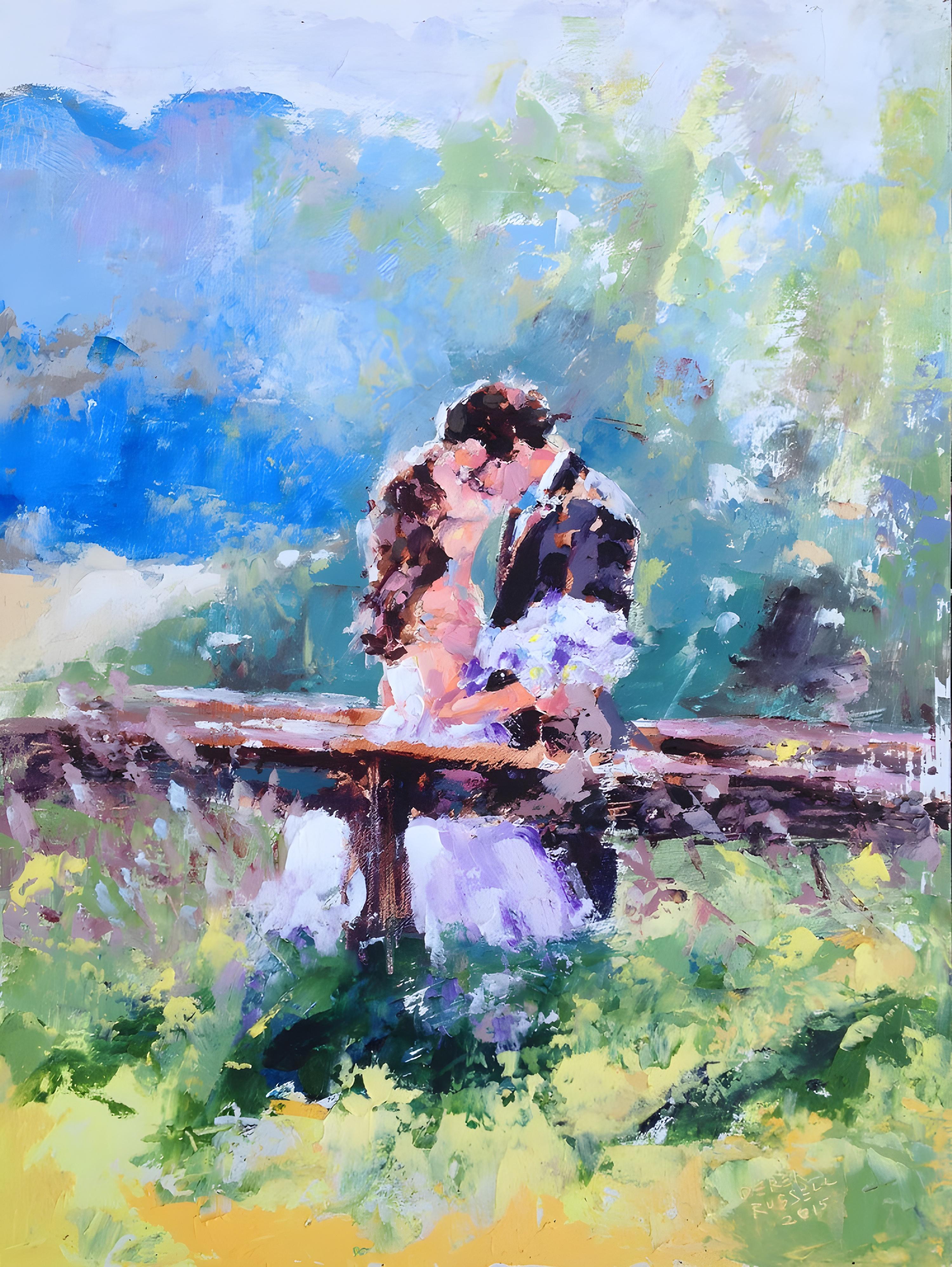 Vinyl Decal, Impressionist Painting of a Couple in a Romantic Embrace Outdoors (5" x 7")