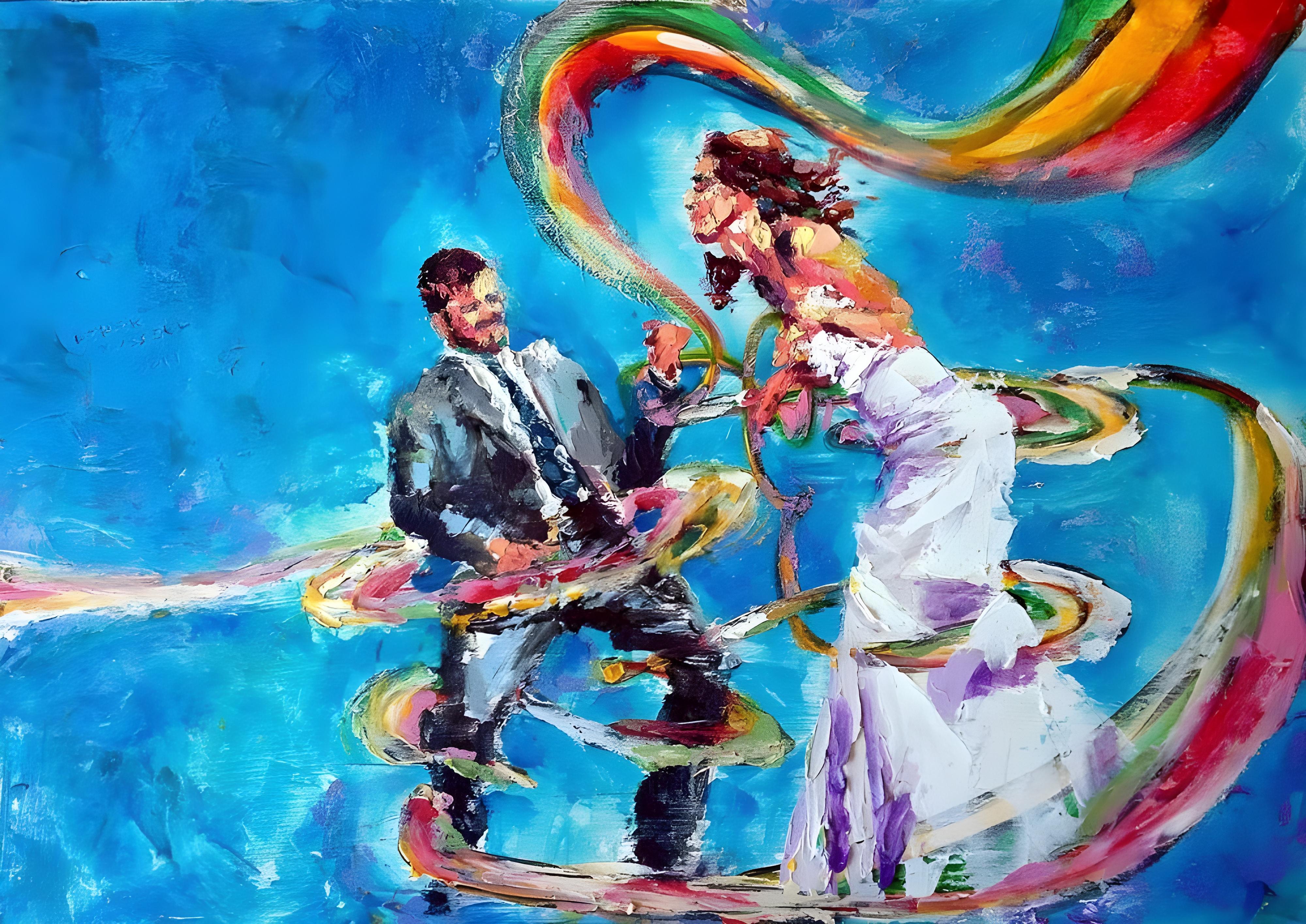 Vinyl Decal, Expressive Artwork of Two Figures with Flowing Multicolored Ribbons on Blue Canvas (5"