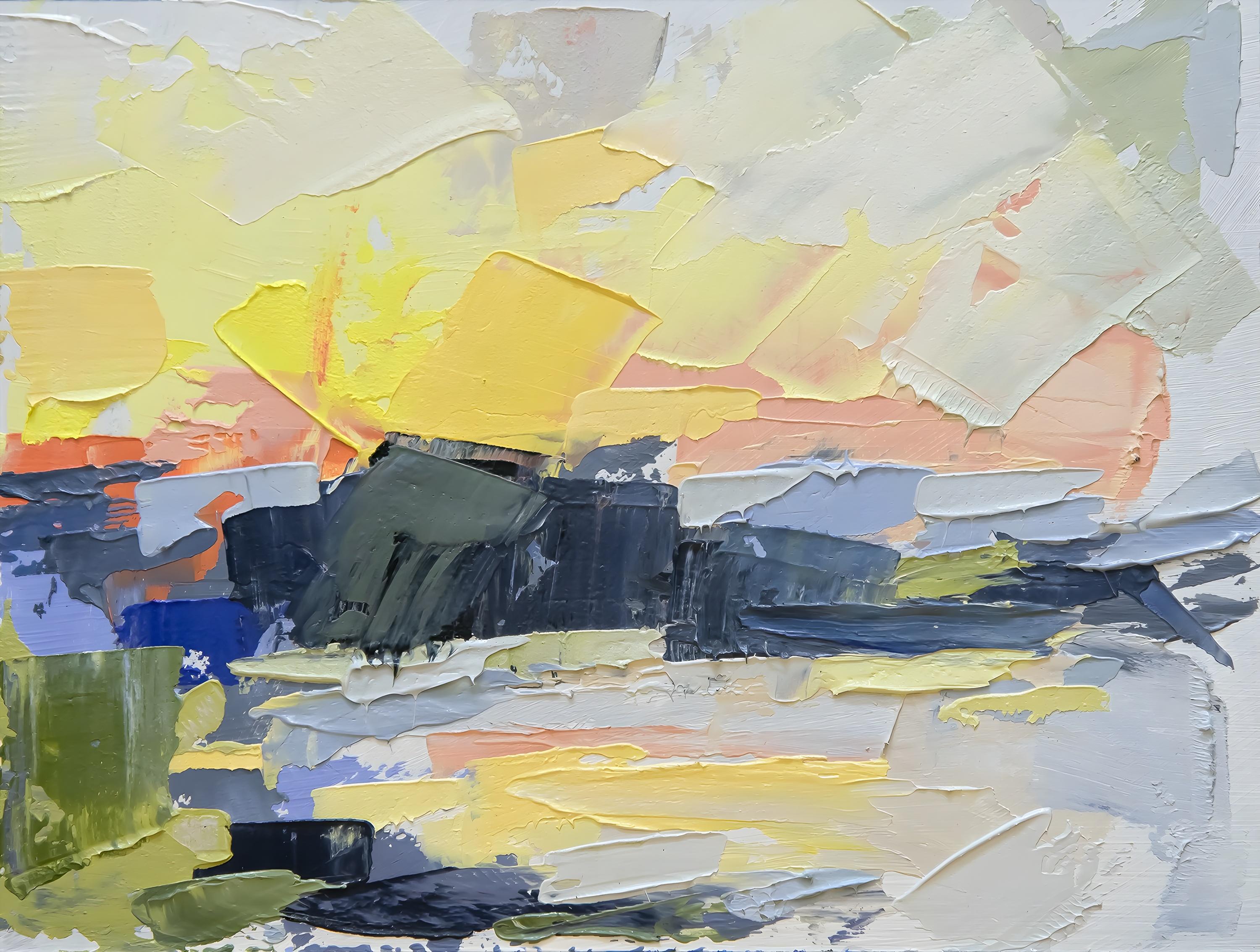 Vinyl Decal, Textured Abstract Landscape Painting Capturing Vibrant Morning Light Over Water and Dis