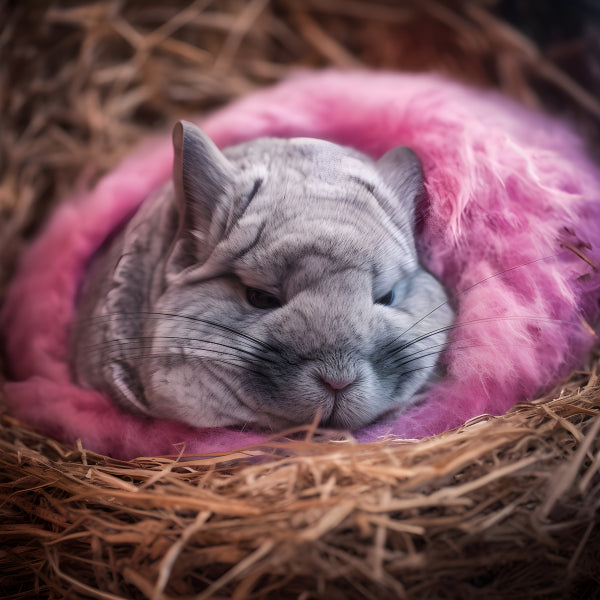 Vinyl Decal Adorable Gray Chinchilla Pet Snuggled in Soft Pink Fluffy Blanket, Cozy Nest Bedding for