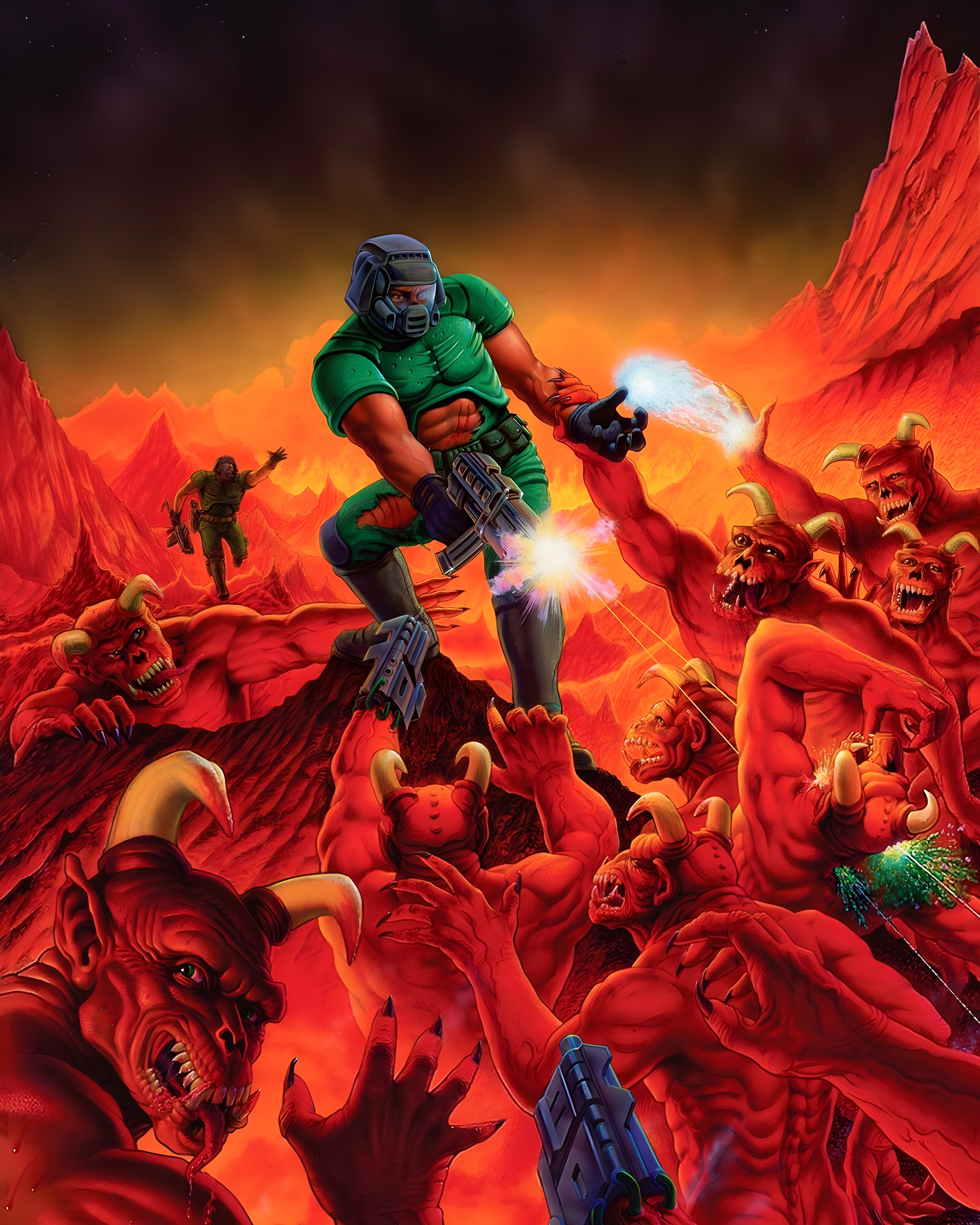 Vinyl Decal, Action-Packed Sci-Fi Art Print - Heroic Figure Battles Hordes of Red Creatures in an Ex