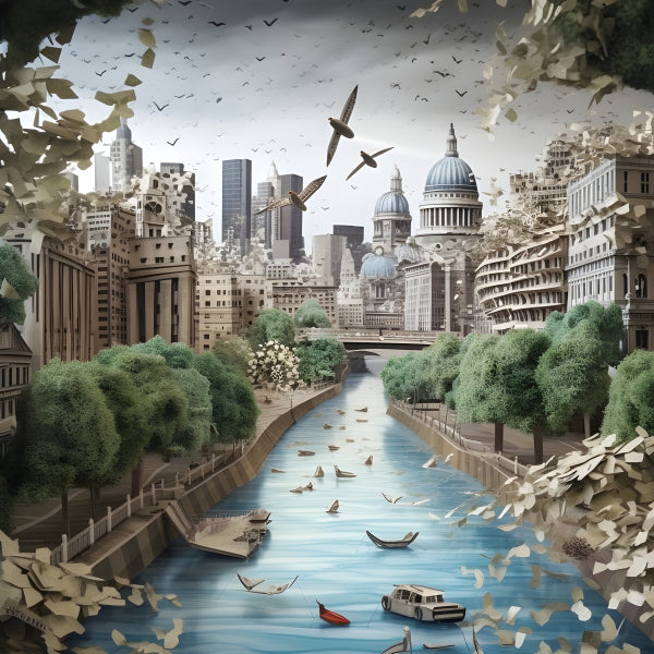 Vinyl Decal, Handcrafted Paper Art London Cityscape River (5" x 7")