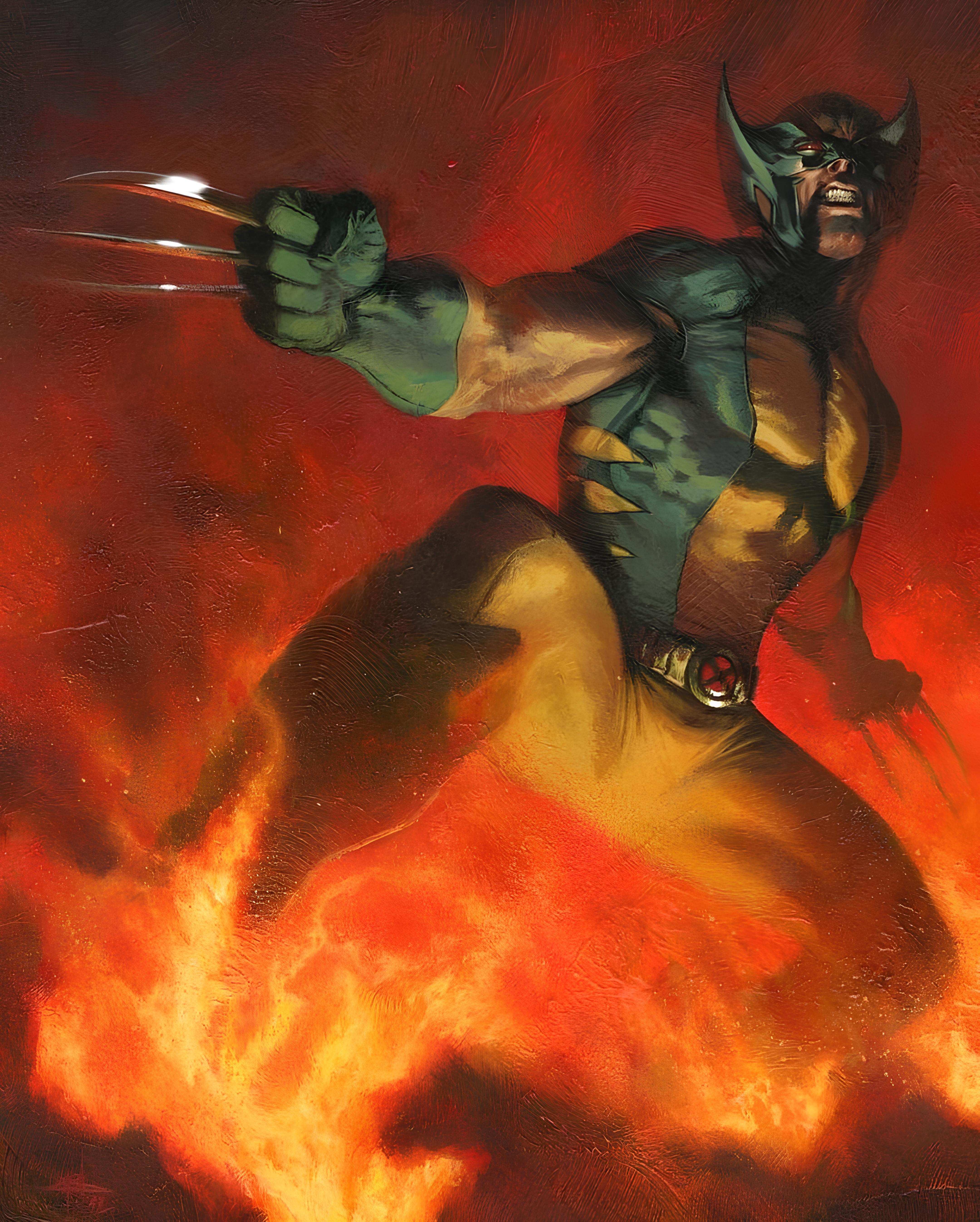 Vinyl Decal, Dynamic Illustration of a Masked, Clawed Fighter in Action Amidst Intense Flames and Sm