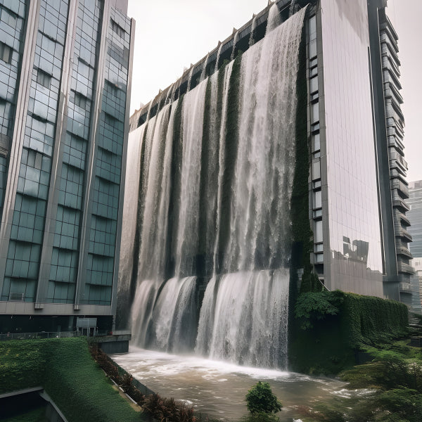 Vinyl Decal, Urban Waterfall Architectural Feature in Modern Cityscape (5" x 7")