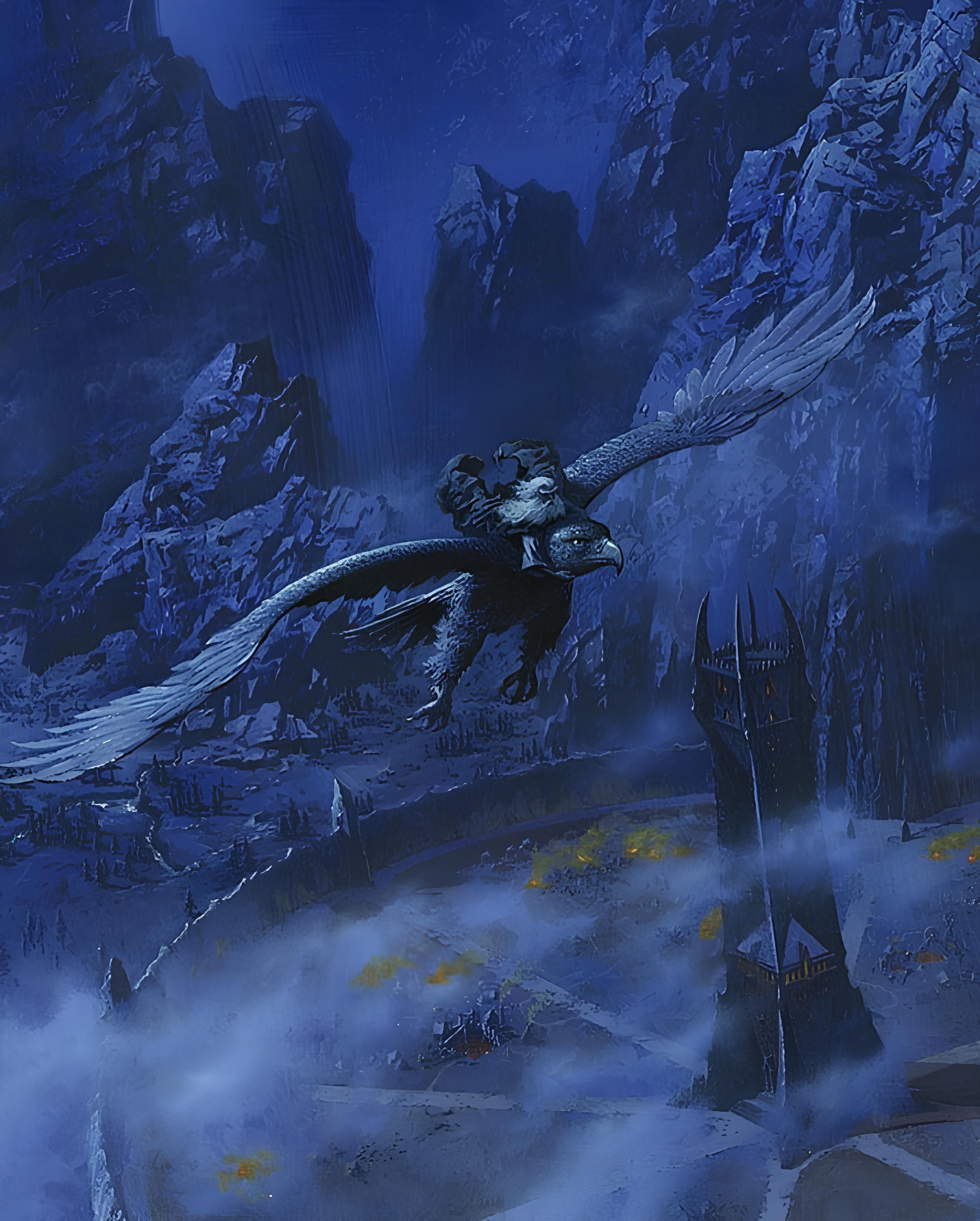 Vinyl Decal, Epic Fantasy Art Print Majestic Winged Creature Flying Above Rugged Mountains and Dark