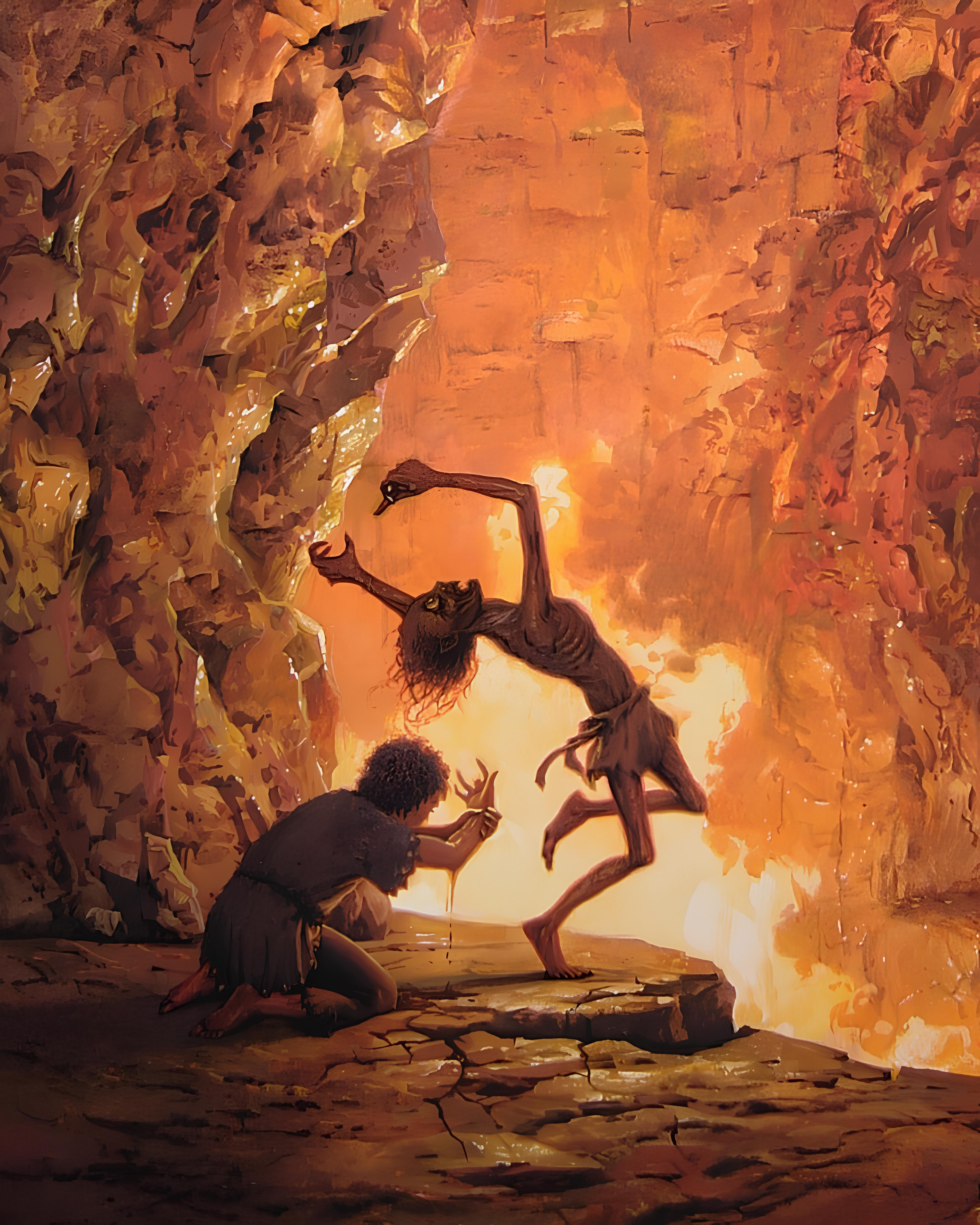 Vinyl Decal, Dramatic Cavern Artwork Depicting a Desperate Struggle in a Fiery Portrait (5" x 7")