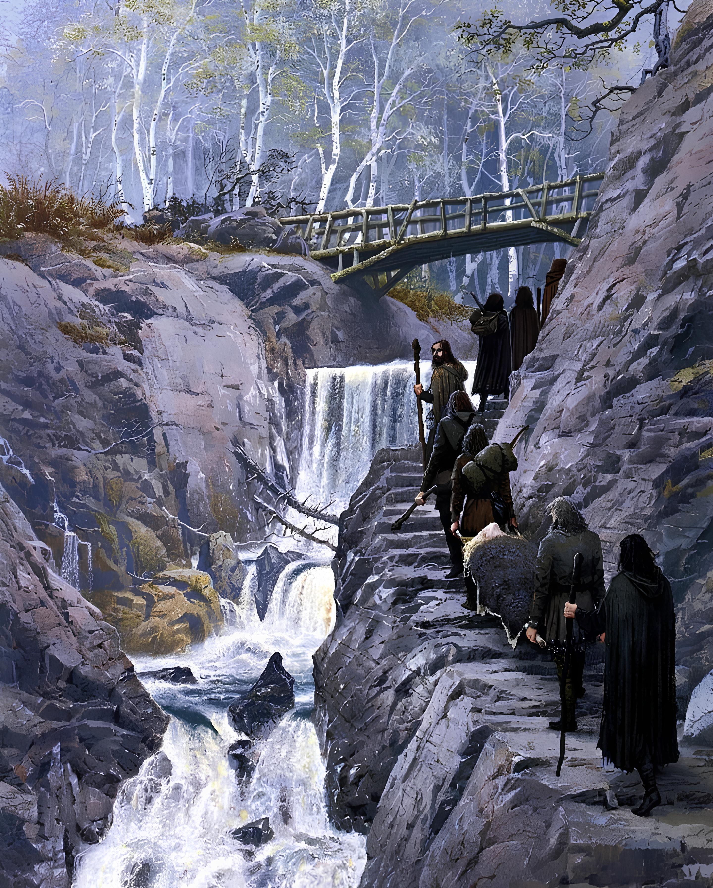 Vinyl Decal, Classic Illustration Style Print Depicting a Group of Figures on a Rocky Path by a Rush