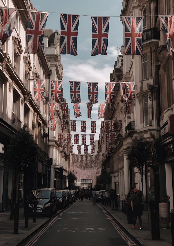 Vinyl Decal, London Street Scene with Union Jack Flags (5" x 7")