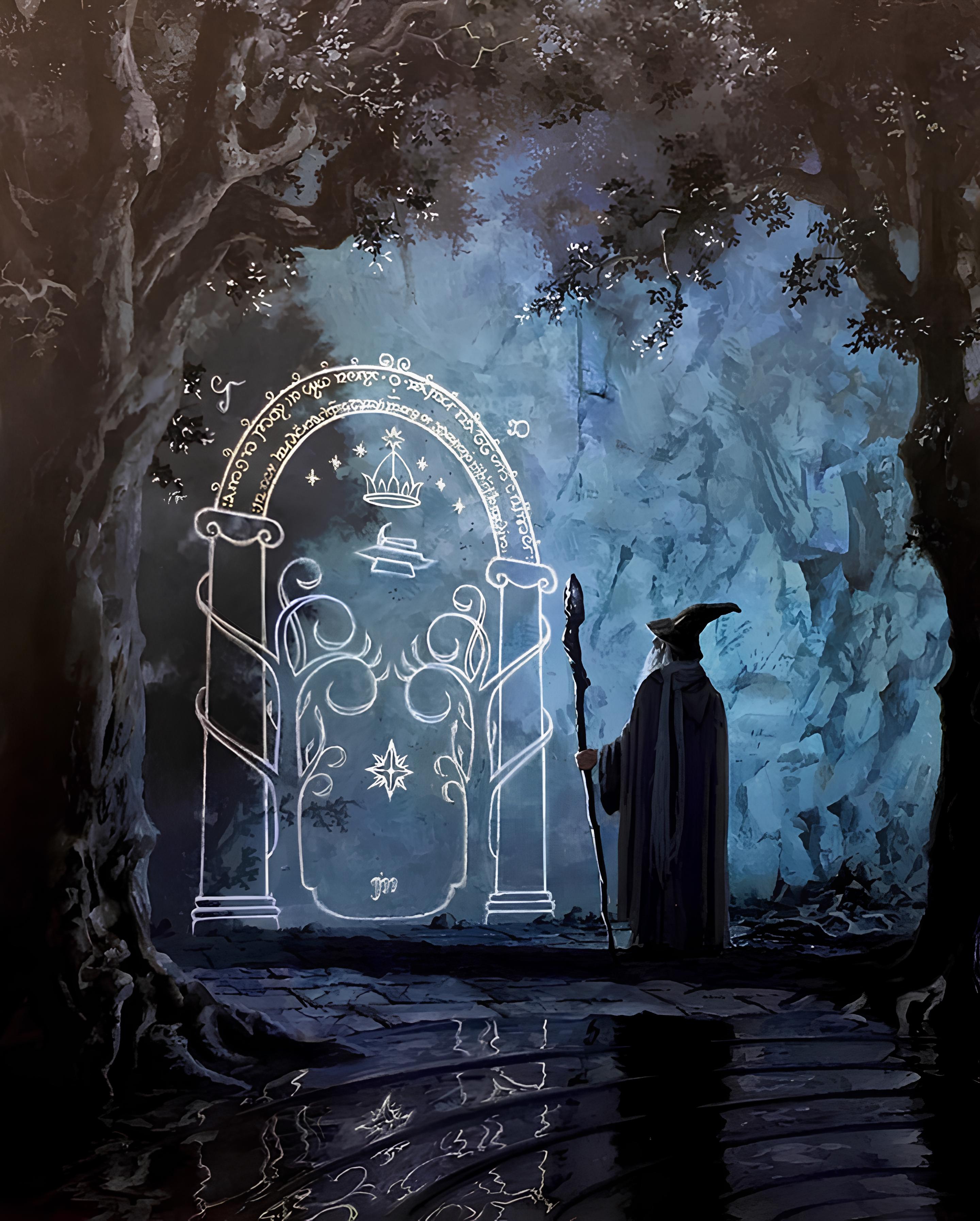 Vinyl Decal, Mystical Cave Entrance Artwork Print, Fantasy Wall Decor, Robed Figure, Enchanted Fores