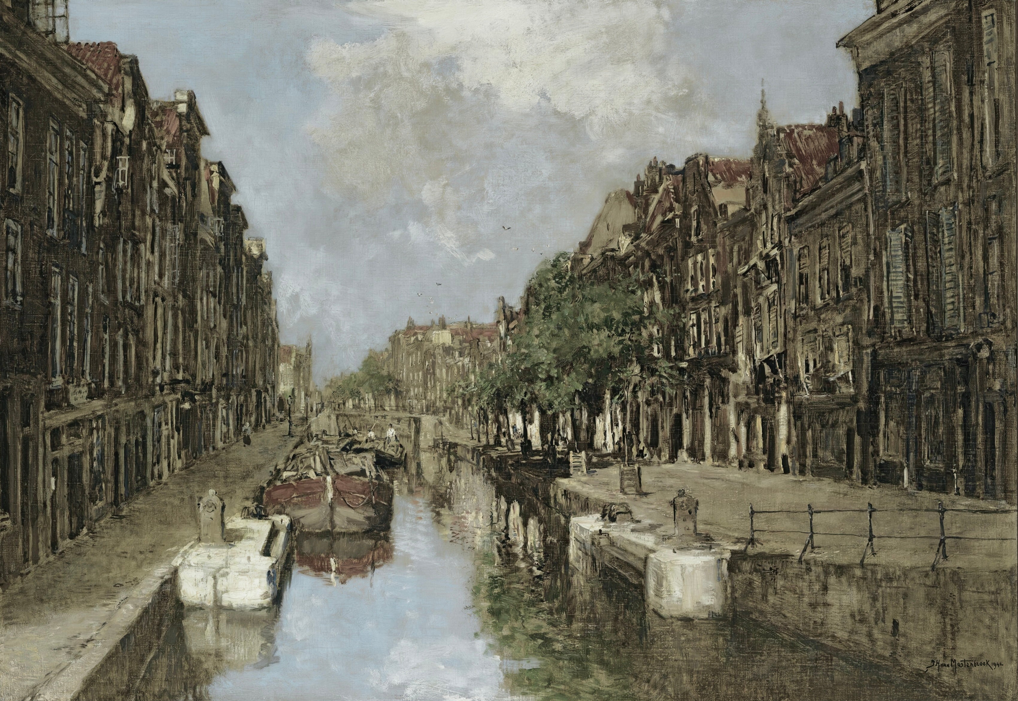 Vinyl Decal, Serene Oil Painting of an Urban European Canal Scene with Historic Buildings and Moored