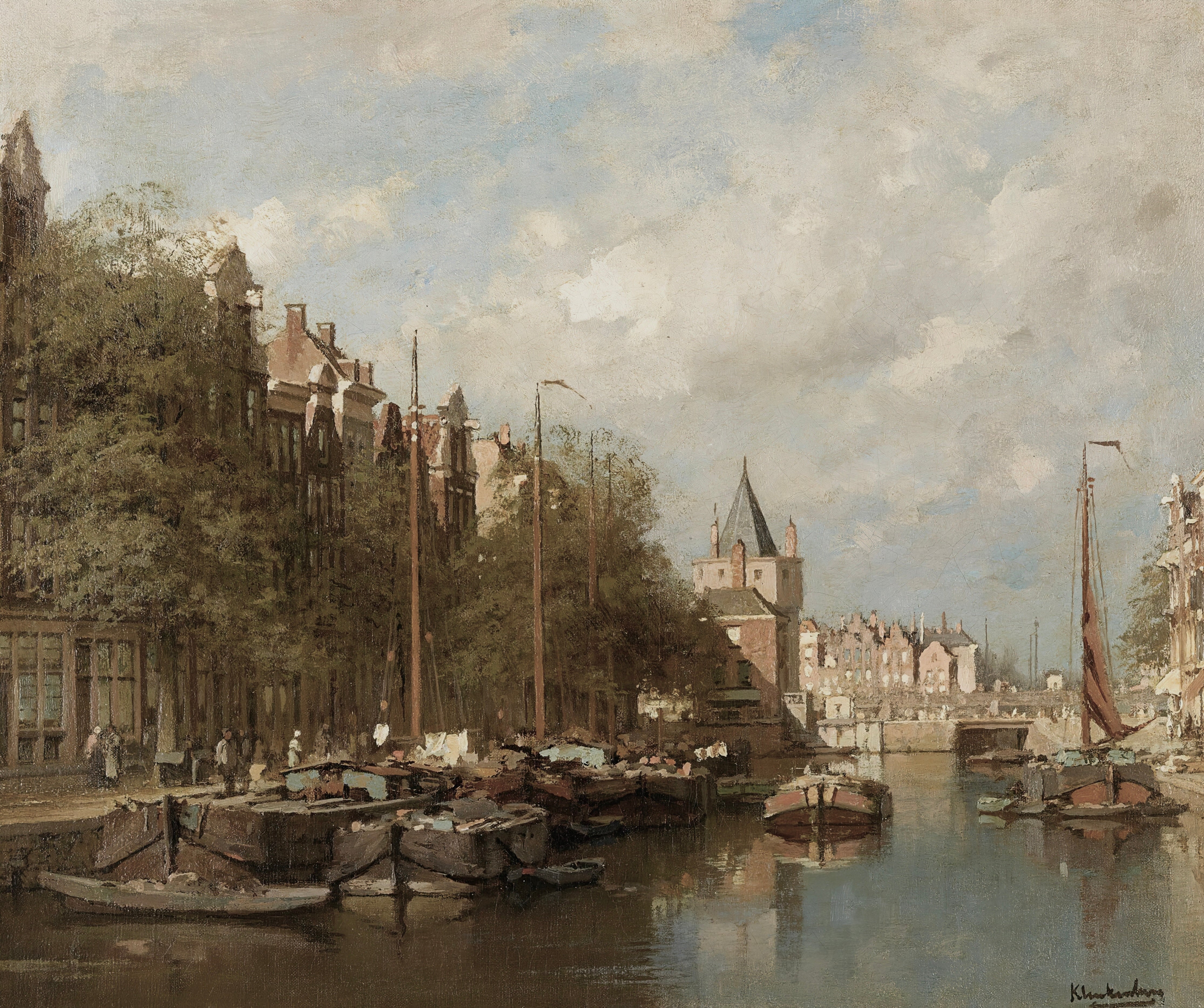 Vinyl Decal, Beautiful Painting of a European City Canal Scene with Boats and Buildings Under a Part