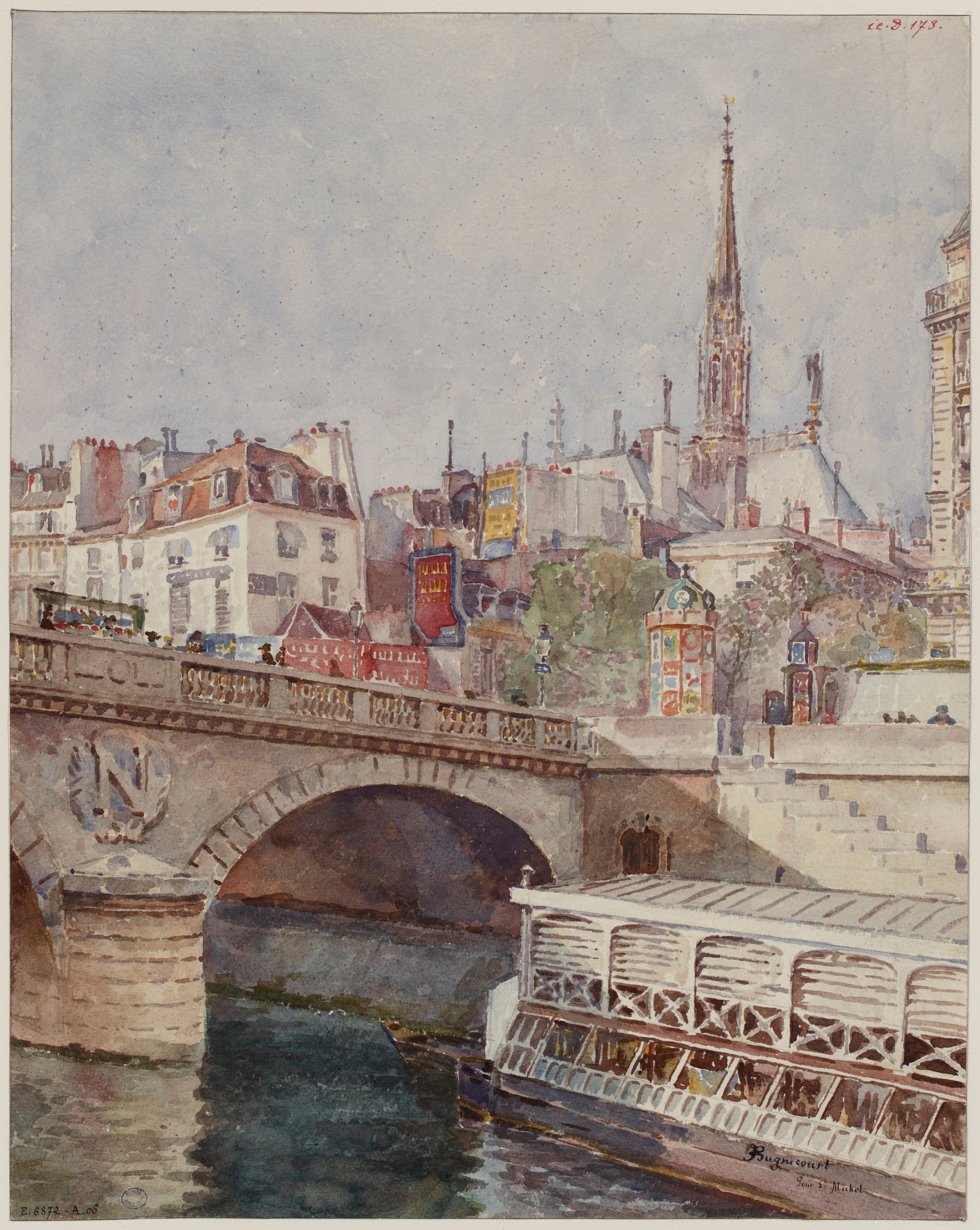 Vinyl Decal, Charming European Cityscape Watercolor Artwork Print, Historic Bridge and River Scene W