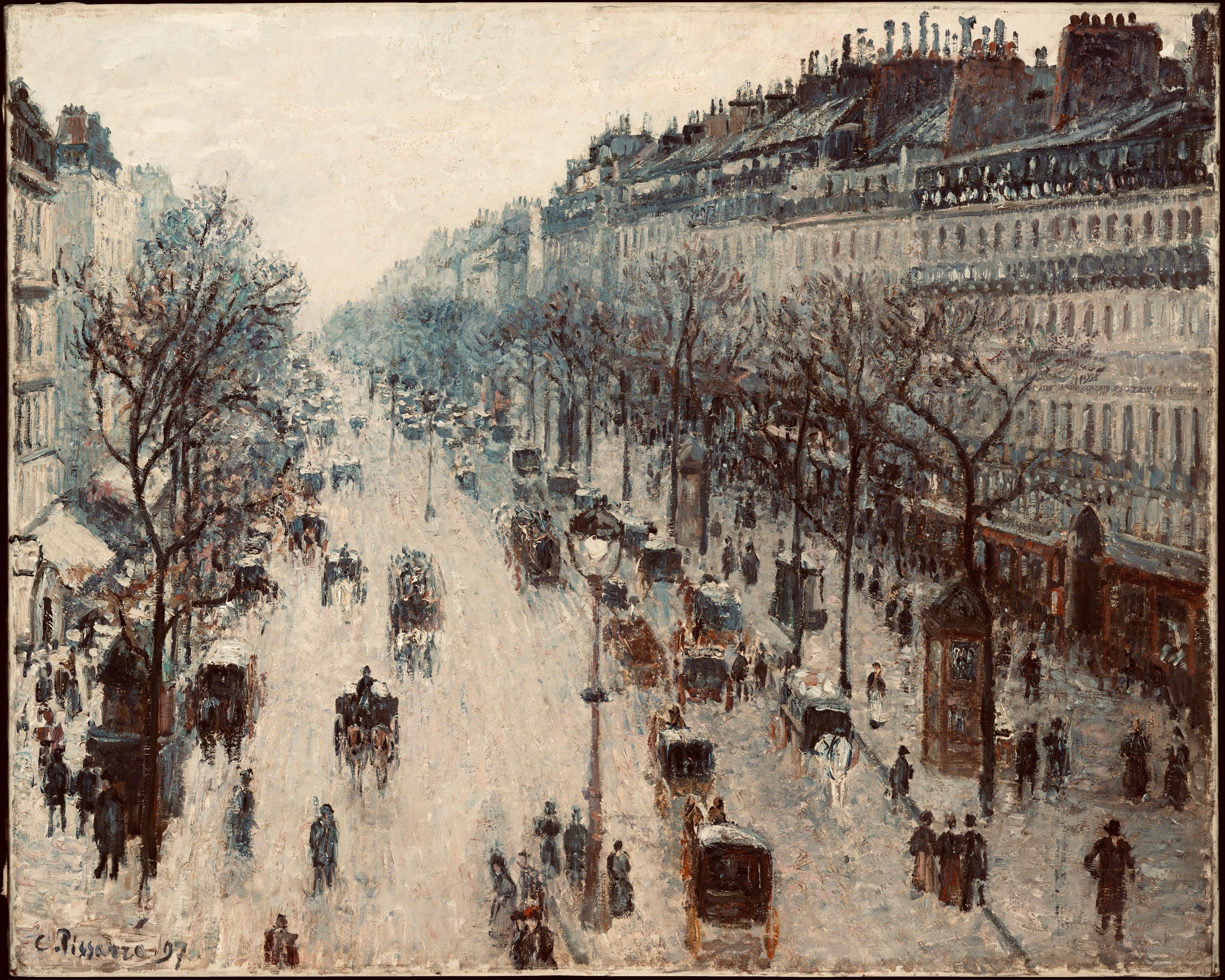Vinyl Decal, Classic Depiction of a Bustling City Street Scene During a Snowy Season, Showcasing His