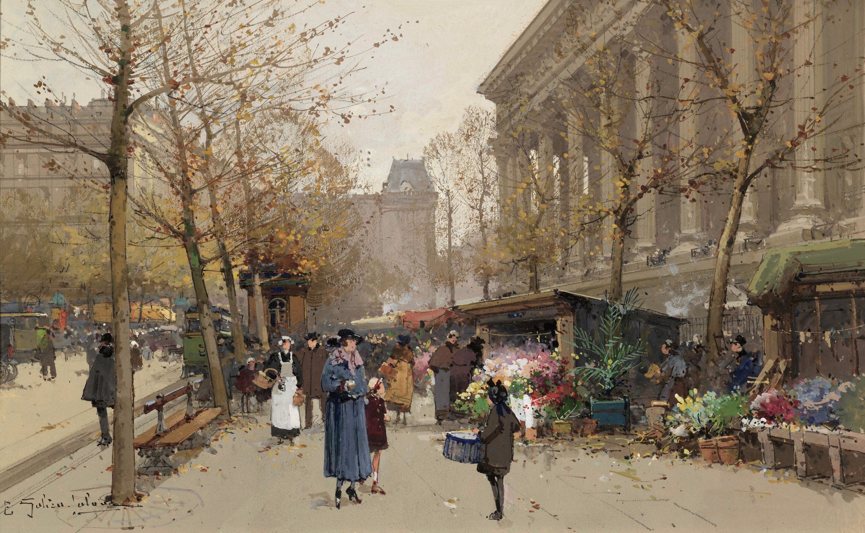 Vinyl Decal, Parisian Autumnal Street Scene Depicting Daily Life and a Vibrant Open-Air Market with