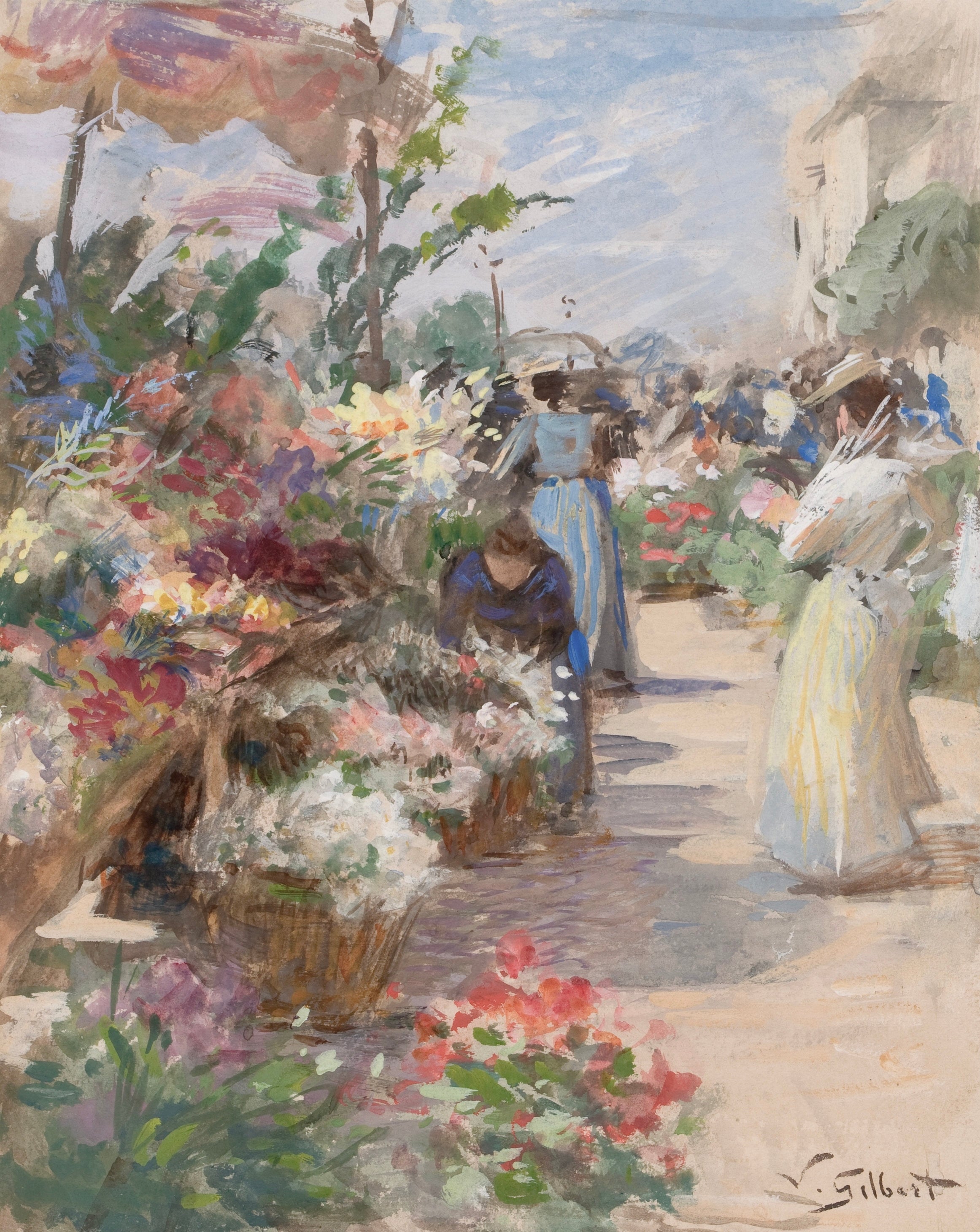 Vinyl Decal, Charming Impressionist Style Artwork Depicting a Bustling Outdoor Scene with Floral Dis