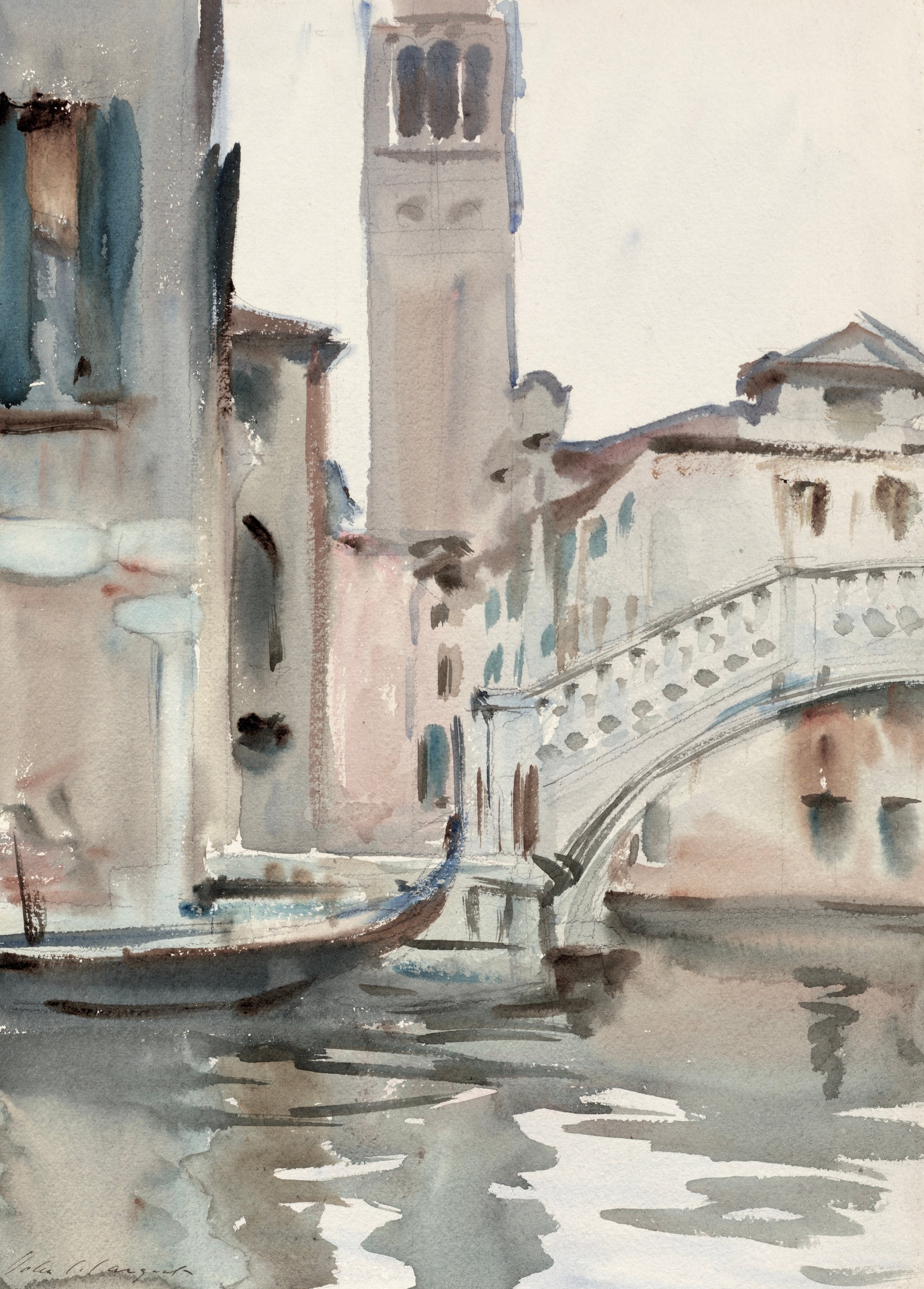 Vinyl Decal, Watercolor Painting of a Historic Italian City Scene with a Bridge Over a Canal and a T