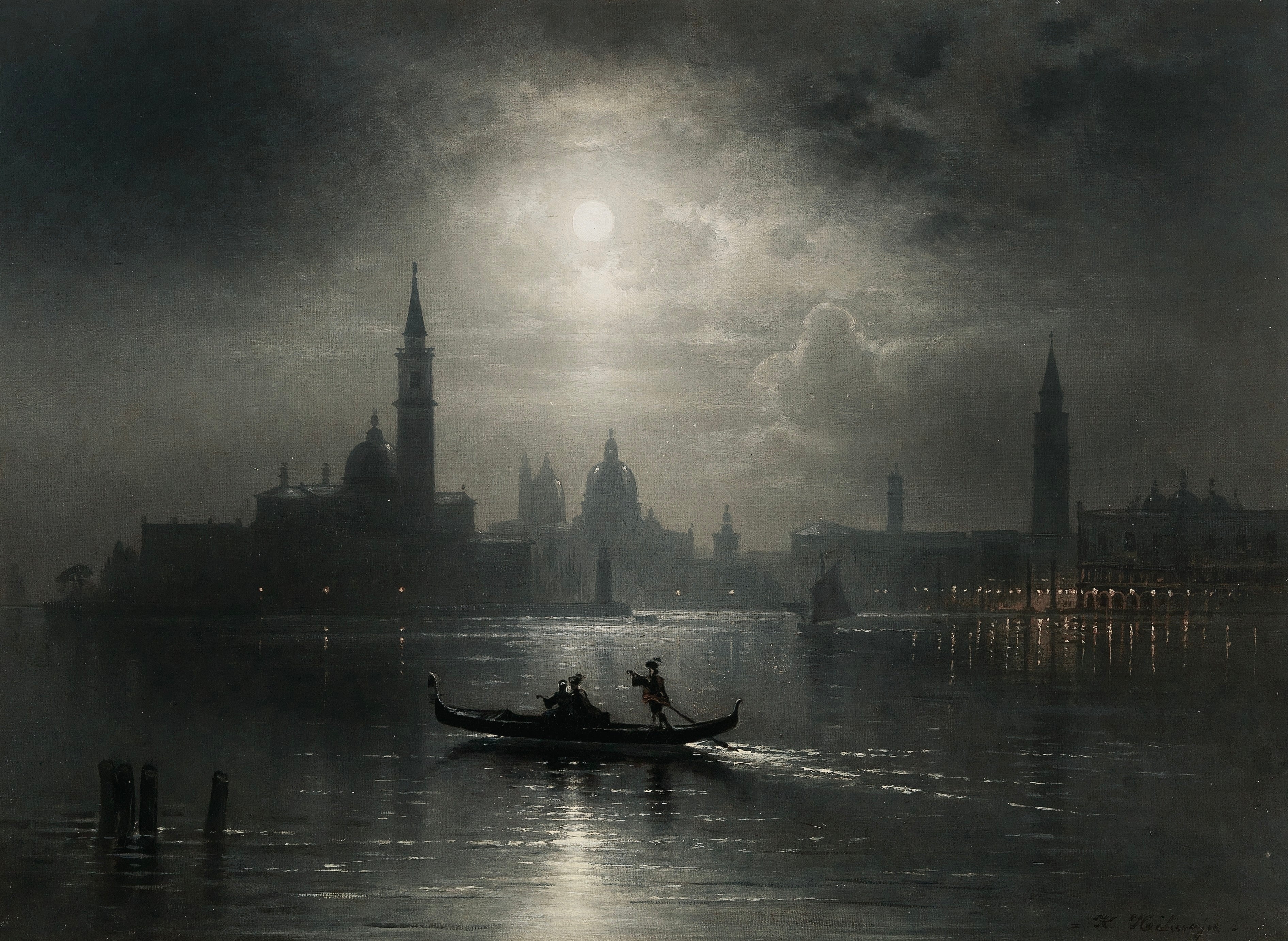 Vinyl Decal, Beautiful Night Scene Painting of a Coastal City with a Large Church and a Boat Under a