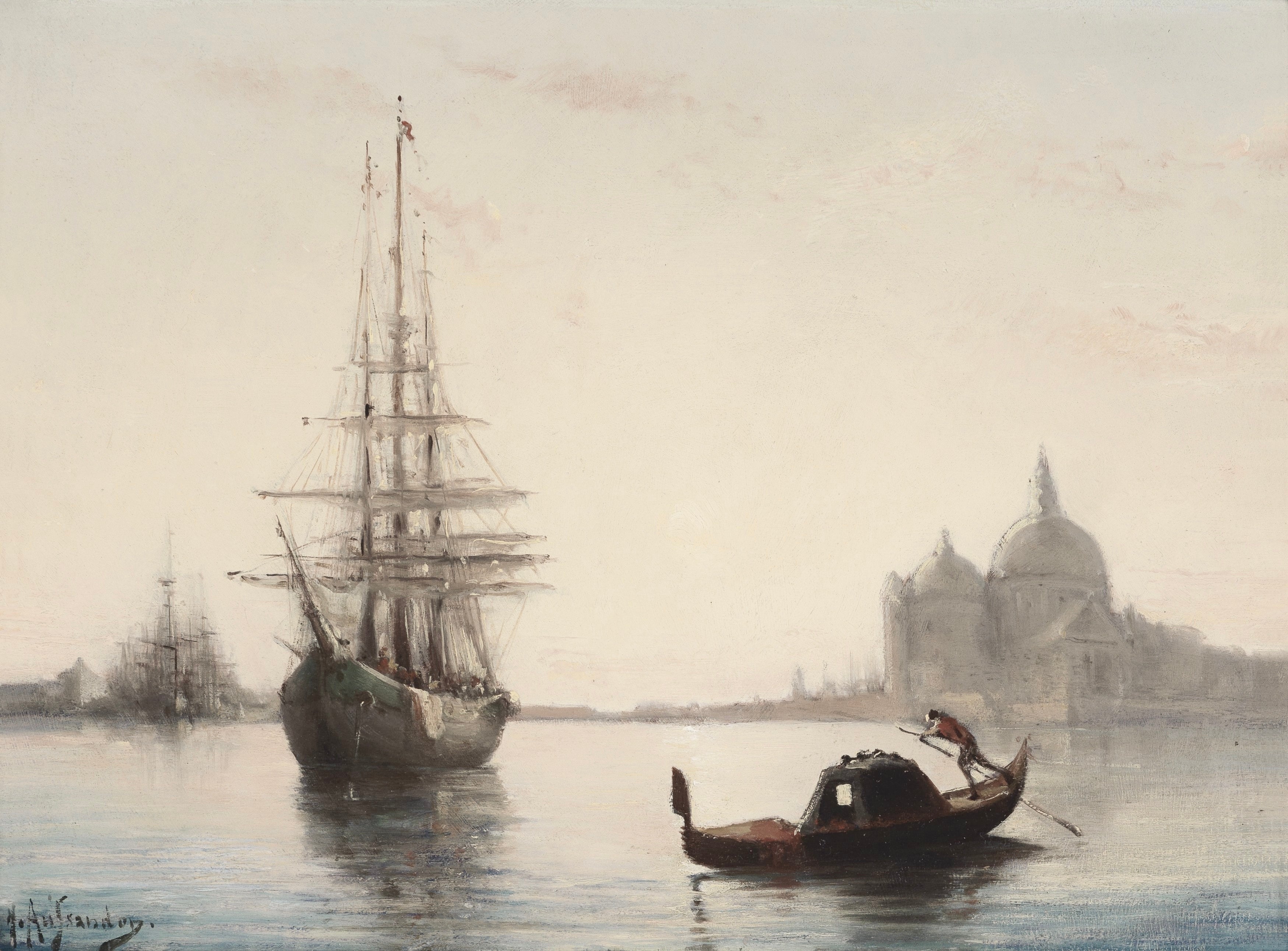 Vinyl Decal, Serene European Harbor Scene with Vintage Sailing Ship and Small Watercraft (5" x 7")