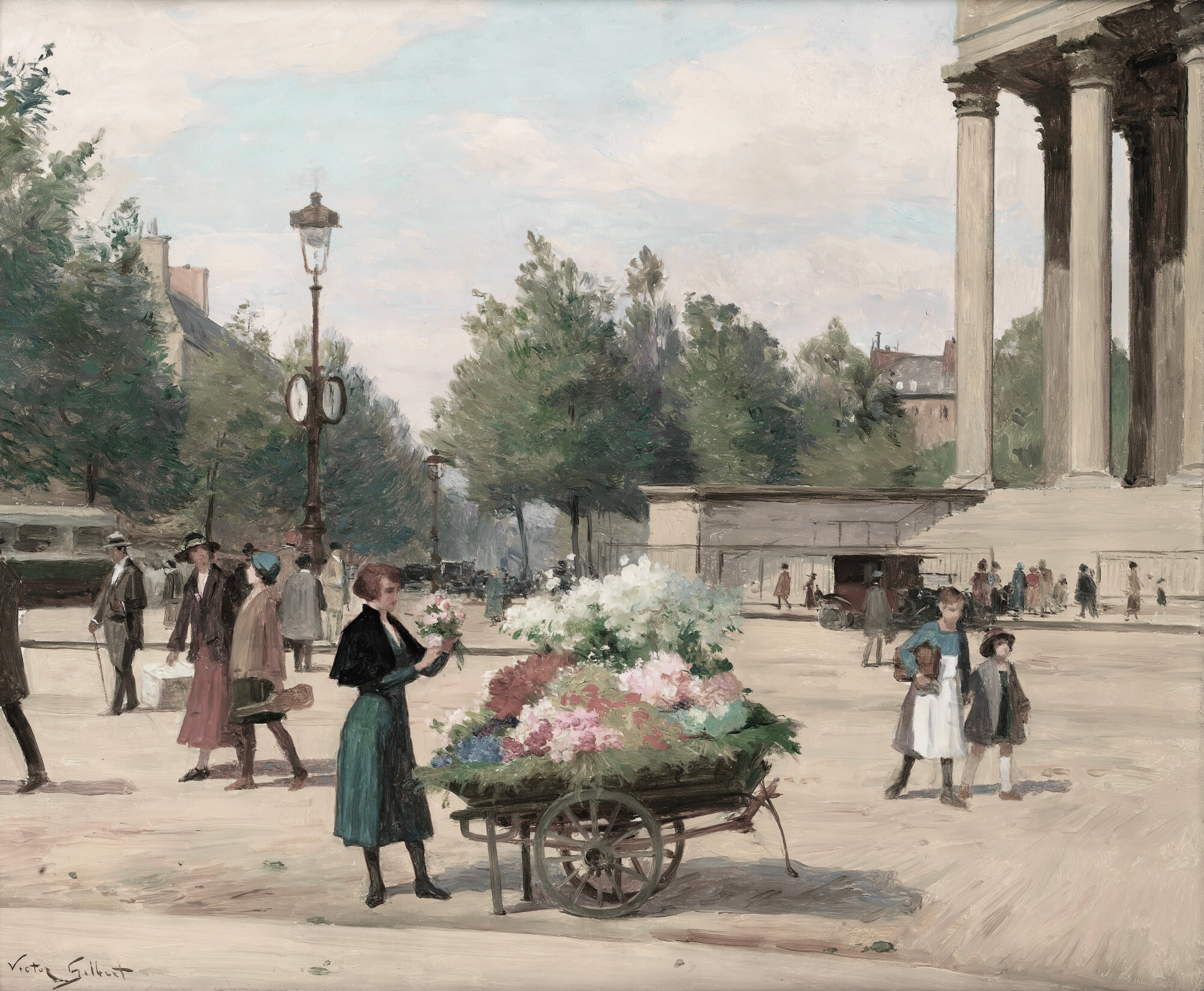 Vinyl Decal, Charming Depiction of a Bustling European Street Scene with a Vendor and Pedestrians, C